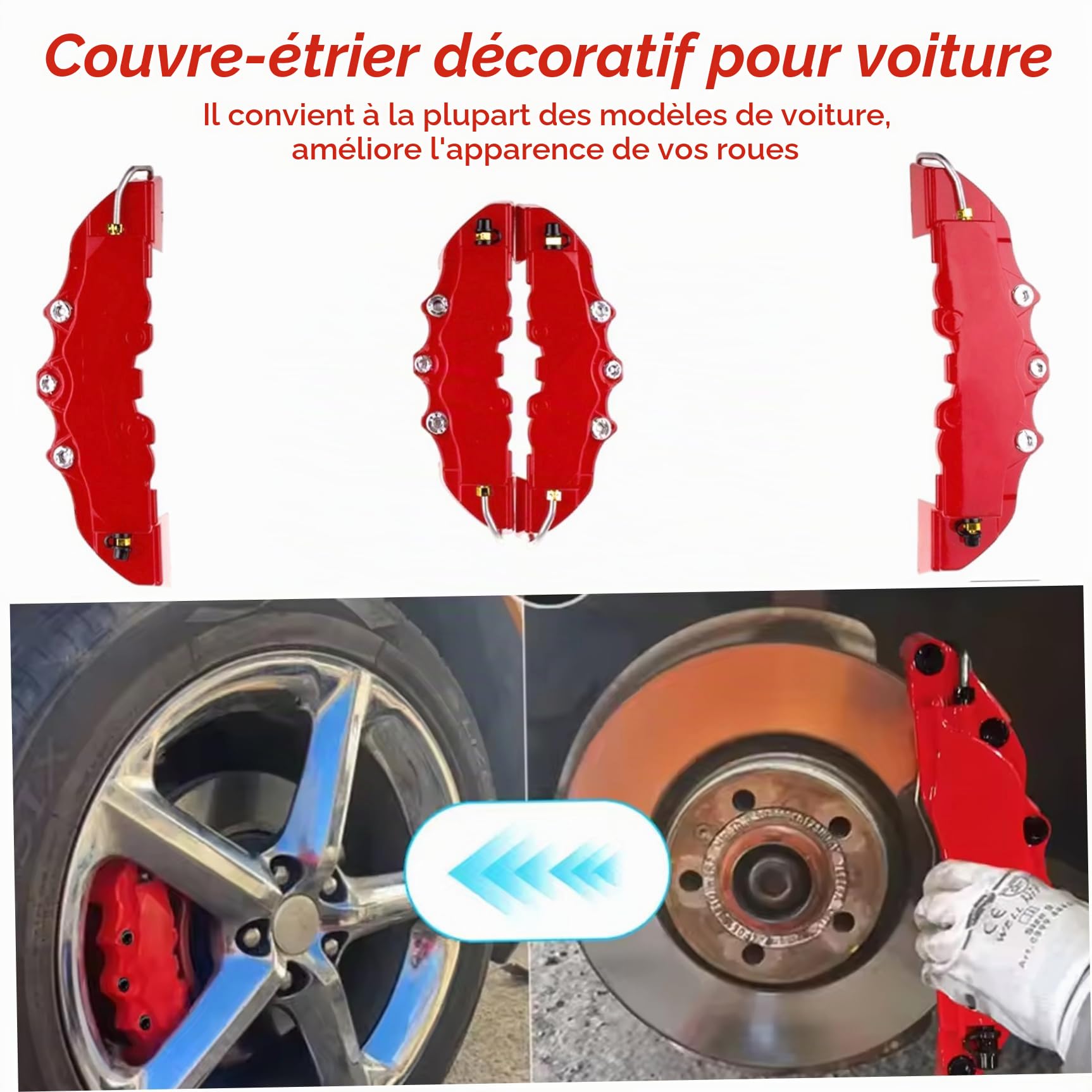 Couvertures de Frein, 2 Paires de couvercles d'étrier Frein, étrier Avant et arrière Style Rouge, Protecteur Disque Voiture Haute précision résistant à la Chaleur pour moyeu Roue