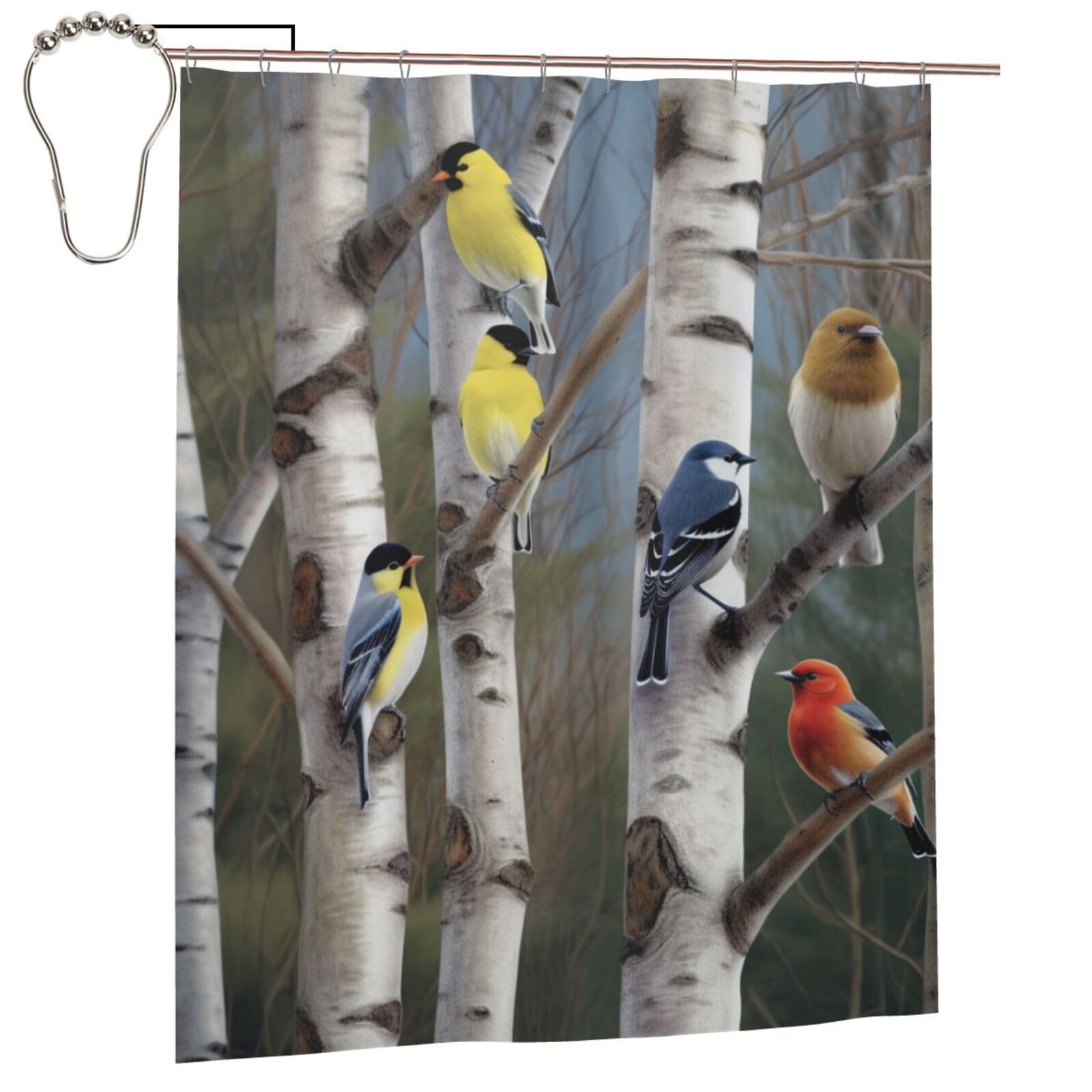BWWHCCTI birds in birch tree Printed Shower Curtain With 12 Iron Hooks Opaque Quick Drying Waterproof Shower Curtains Sets For Bathroom 152x183 Cm