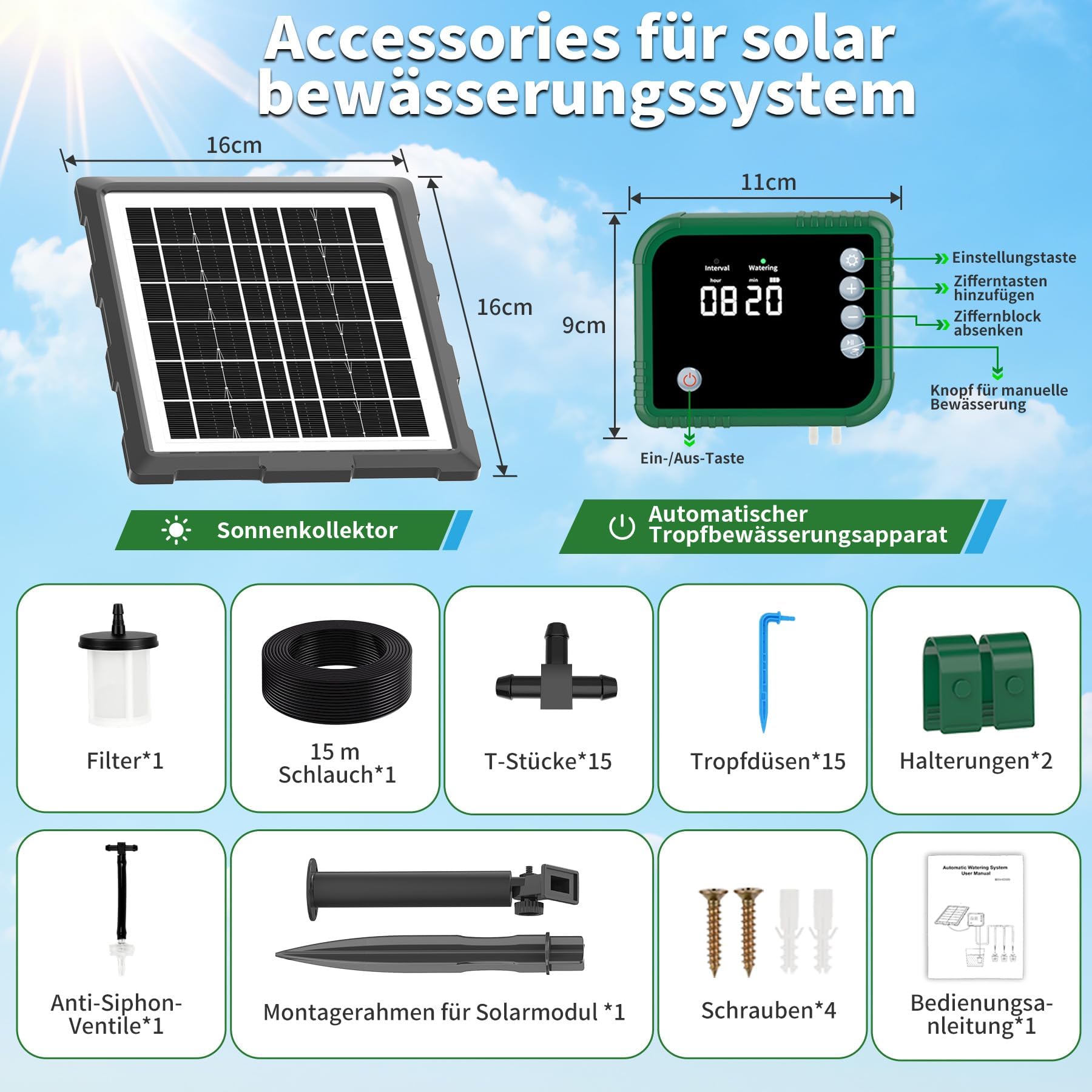 Sistema de riego solar para plantas de balcón con pantalla LCD, 350 modos automáticos de temporizador de riego, riego automático por goteo para 15 plantas con manguera de 15 m, riego automático