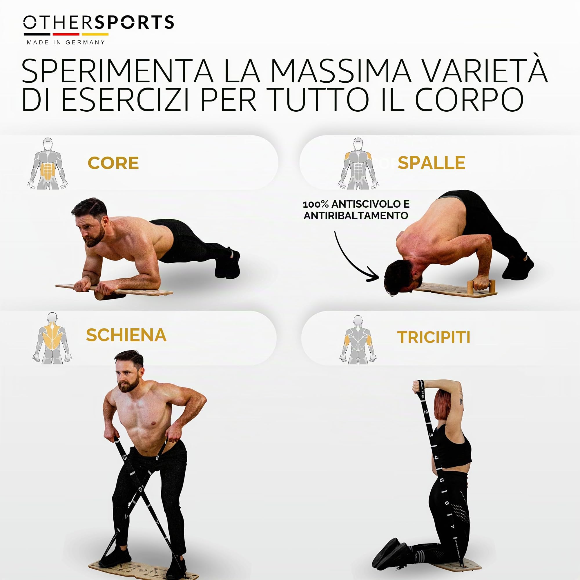 Tavola per flessioni in 100% vero legno e sughero, con nastri e istruzioni per l'allenamento in lingua tedesca – Set da tavola push up in legno