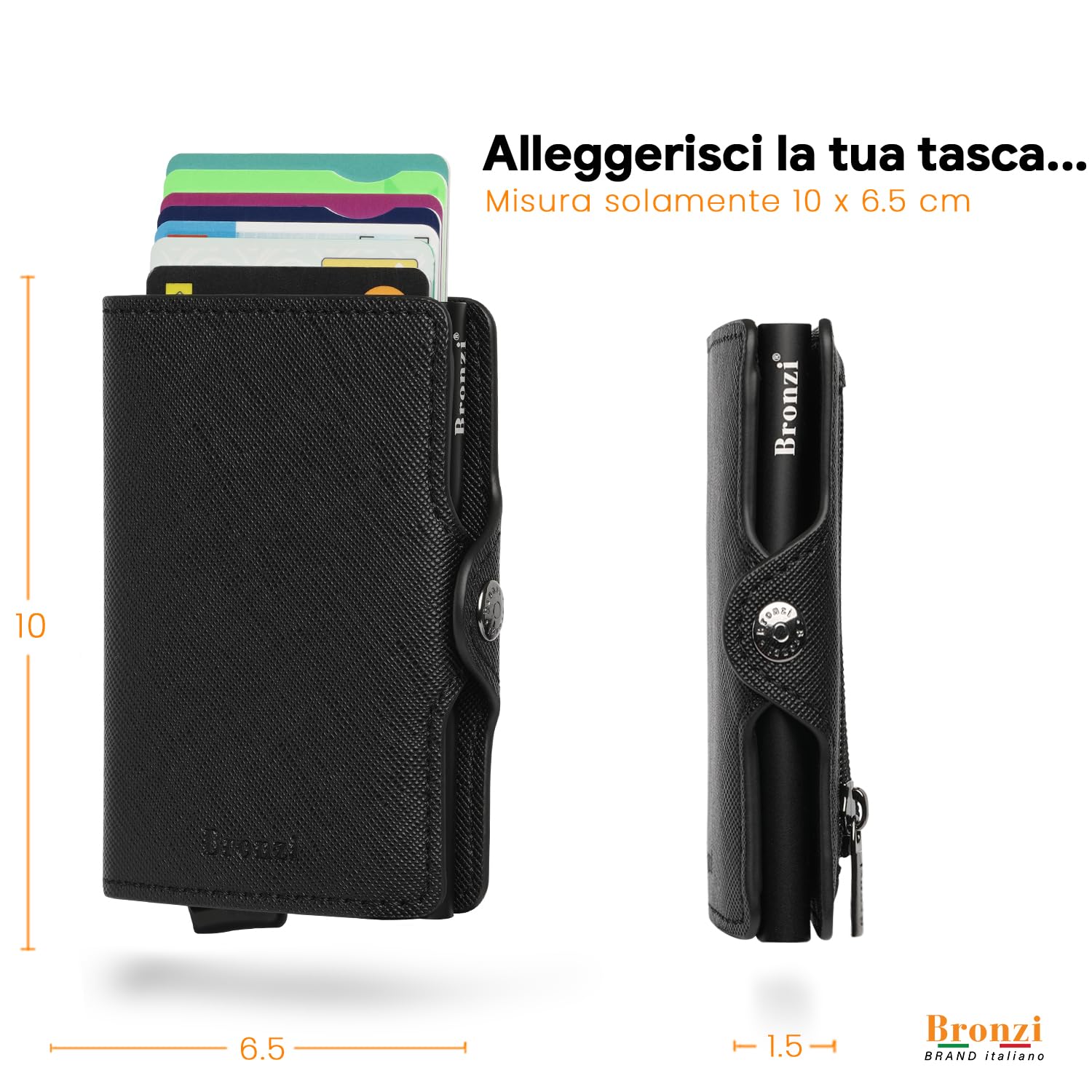 Bronzi Portafoglio Porta Carte Credito - Portafoglio Uomo Slim Portacarte uomo - Mini Porta Tessere - Protezione RFID - Design Smart Italiano Scatola Regalo inculsa (Nero Saffiano ZIP)