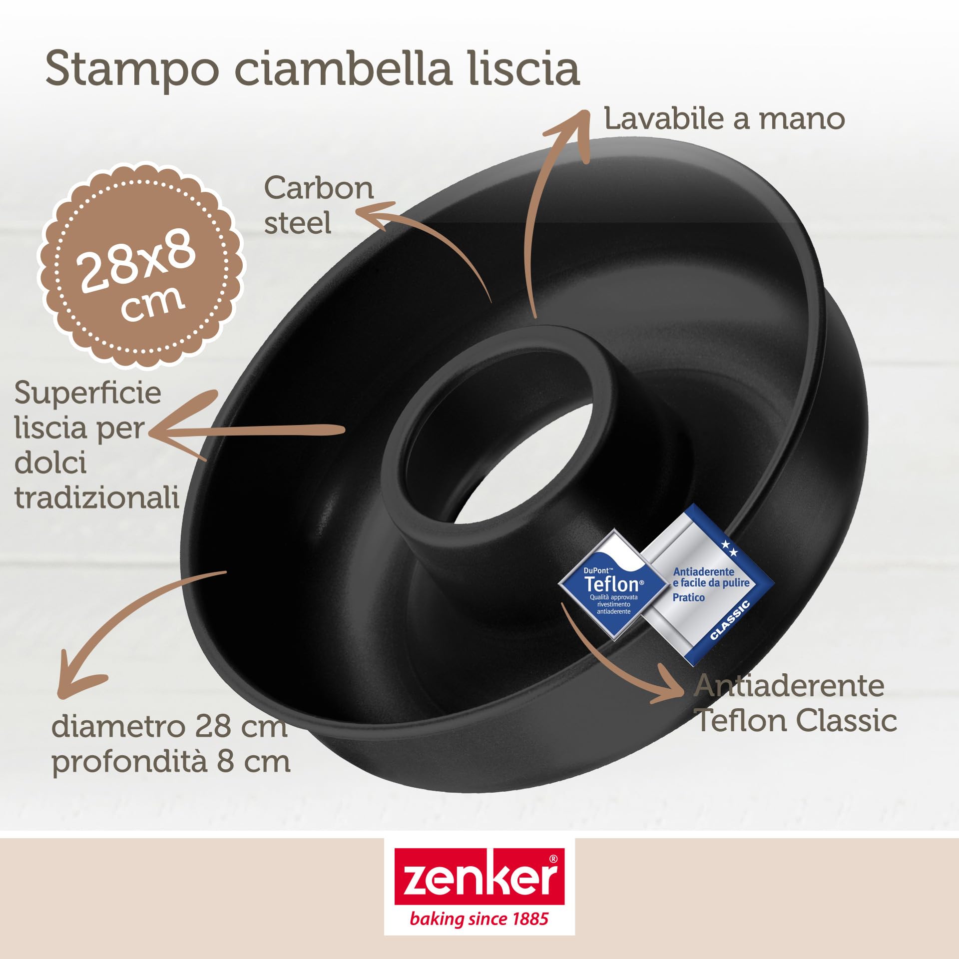 Zenker Stampo per Ciambella Liscia con Foro Centrale Ø28 x 7cm, in Acciaio Carbon Steel con rivestimento Antiaderente, per Casatiello, Tortano e dolci tradizionali Italiani