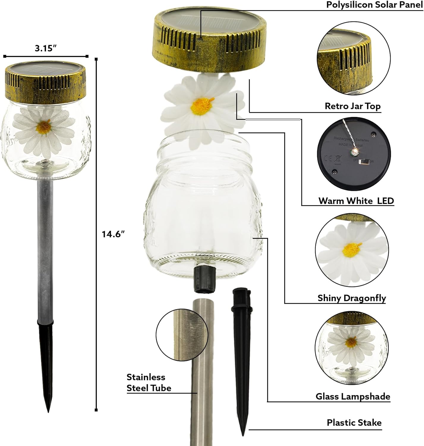 Crosslight 3-Pack Glass Daisy Flower in a Jar Stake Lights - Solar LED Waterproof Outdoor Garden Decor - Decorative Electronic Light Fixture Jars for Yard, Lawn, Patio, Deck, Pathway, Pond, Backyard