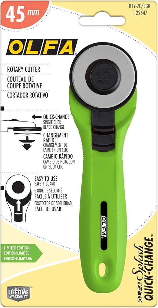 OLFA 45mm Quick-Change Rotary Cutter (RTY-2C/LGR) - Rotary Fabric Cutter w/Blade Cover for Crafts, Sewing, Quilting, Replacement Blade: OLFA RB45-1 (Lime)