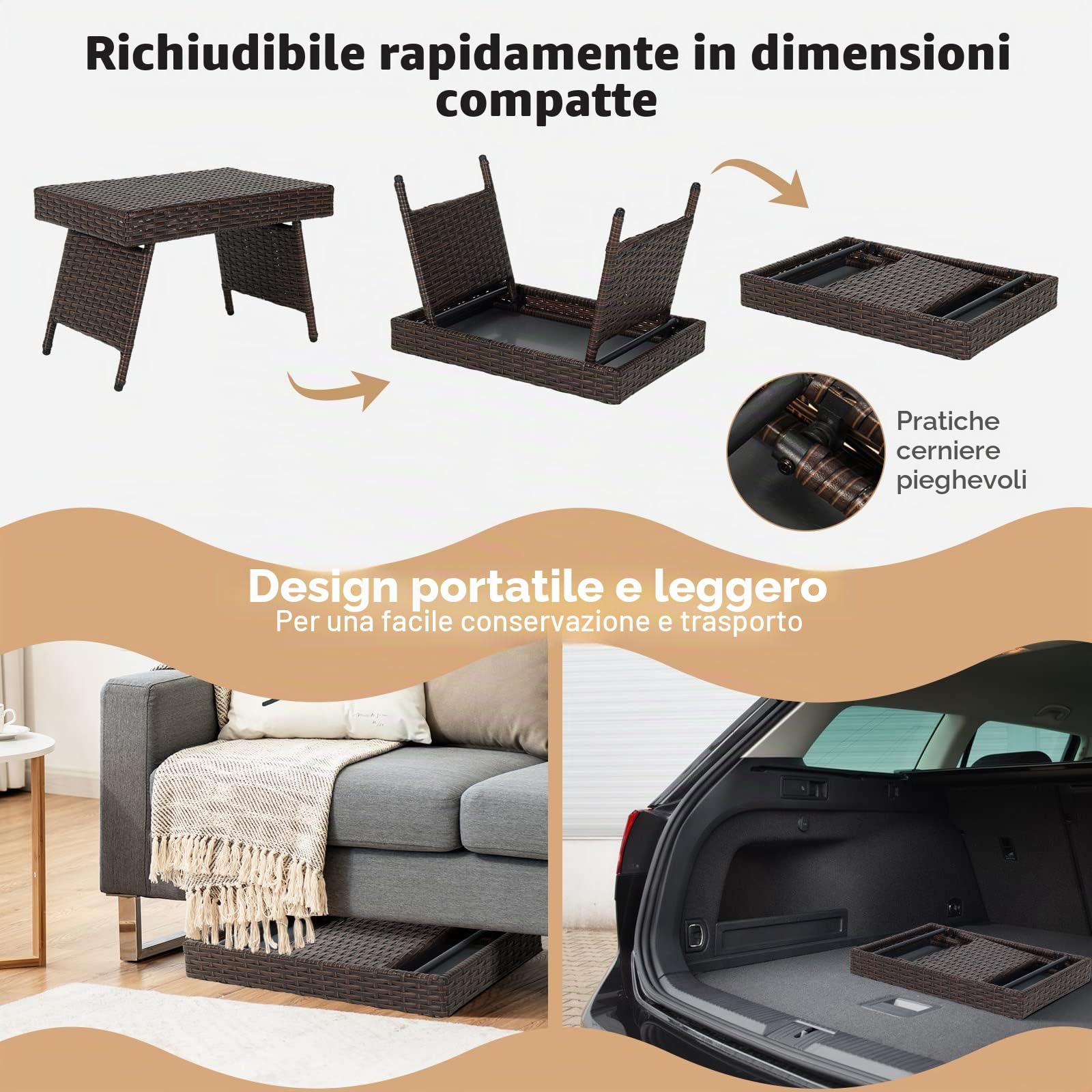 GIANTEX Tavolino Piegnevole in Rattan e Metallo, Tavolino Salvaspazio da Campeggio Leggero con Carico di 45 kg, Nessun Montaggio, Design Multiuso per all'Aperto/l'Interno, 60 x 40 x 40 cm