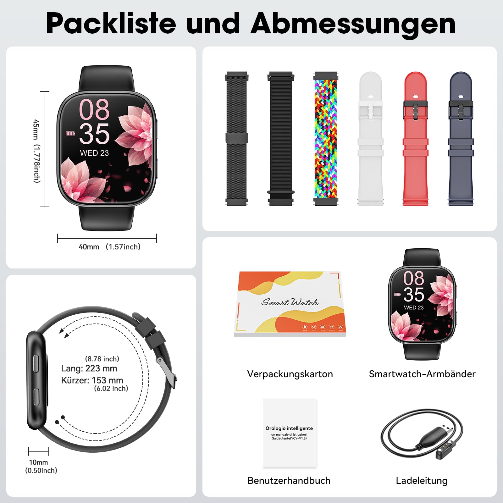 7 Armbänder & Geschenkbox Smartwatch Damen Herren, 1.83" HD Uhr damen mit Bluetooth-Anruf, Fitness Tracker, Pulsmesser, Schlafmonitor, Schrittzähler, IP68 Wasserdicht, 110+ Sportmodi für iOS Android