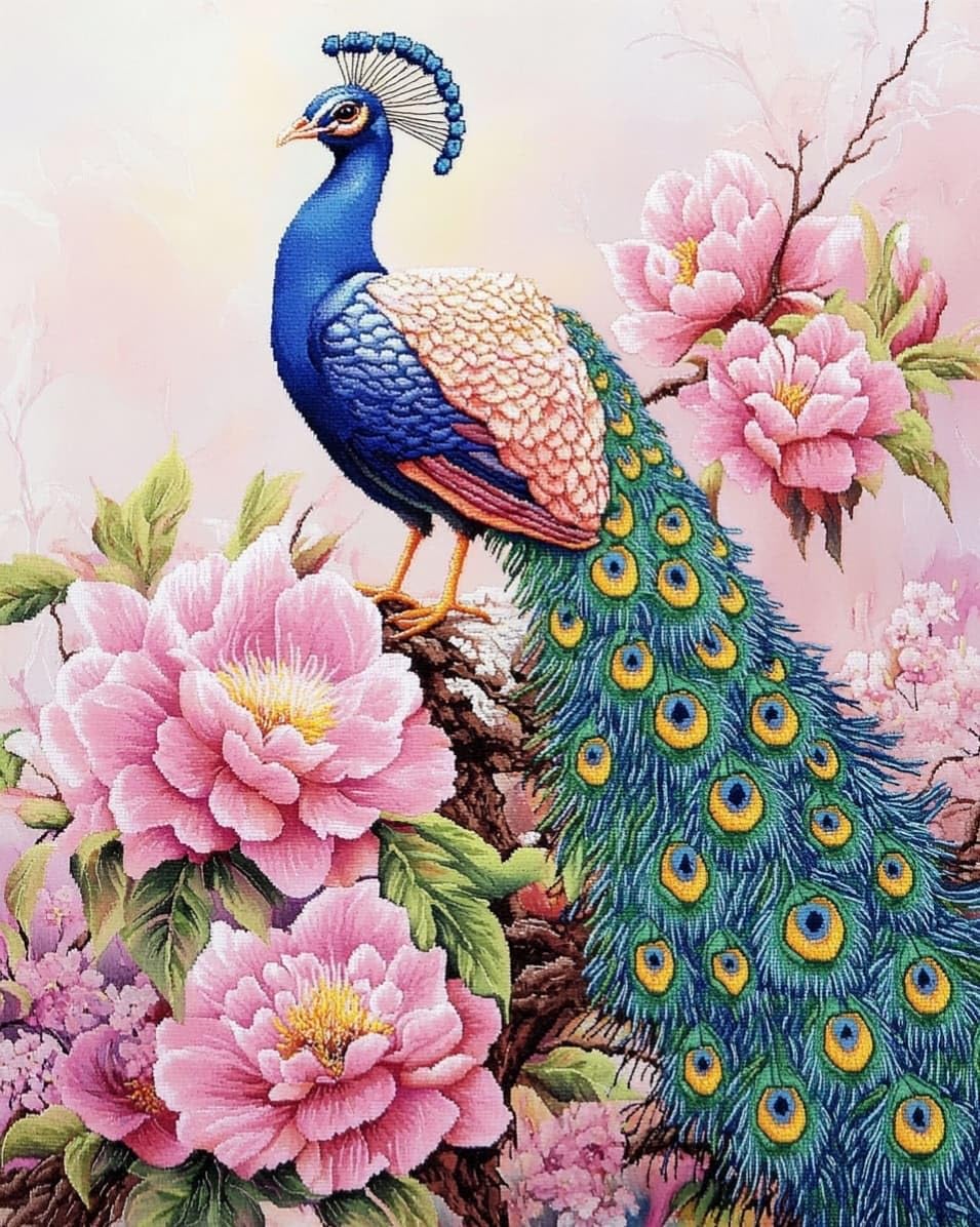 WallustrioaW DIY Stamped Cross Stitch Kits for Beginners,Peacocks and Flowers,11CT Needlepoint Embroidery Cross Stitch Kits Art Craft Wall Decoration,40x50cm