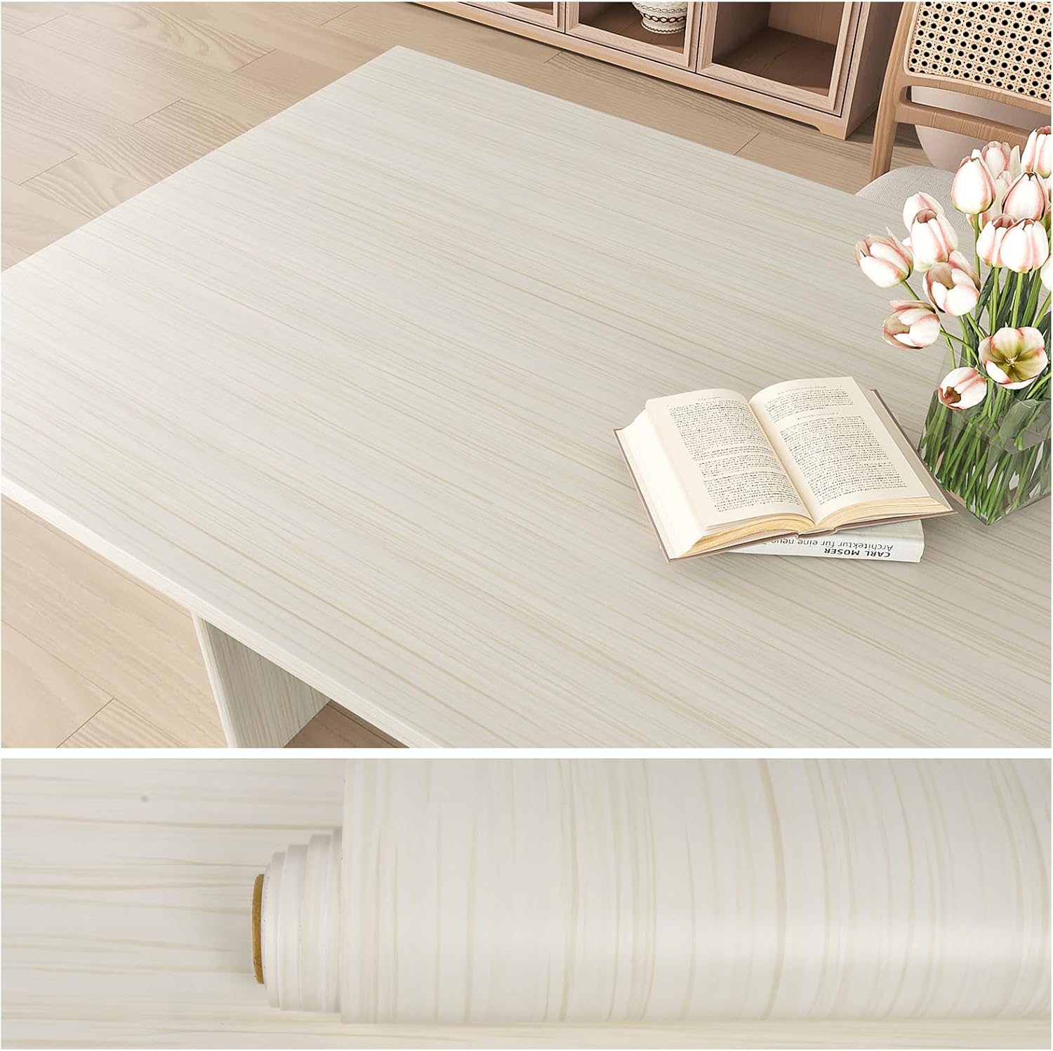 VEELIKE Cream White Wood Contact Paper Peel and Stick Countertops Waterproof Wood Wallpaper 15.7''x354'' Thick Wood Grain Contact Paper for Countertops Cabinets Self Adhesive Removable Wood Vinyl Wrap