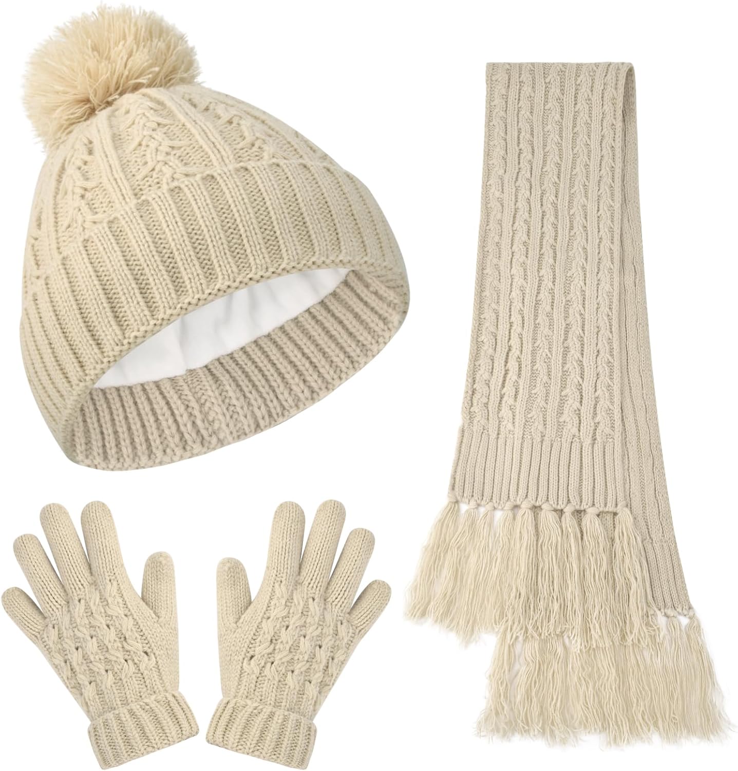 Kids Winter Beanie Gloves Scarf Set Girls Beanie with Pom Knit Neck Warmer Gaiter Mittens Warm Fleece Lined Set - Image 2