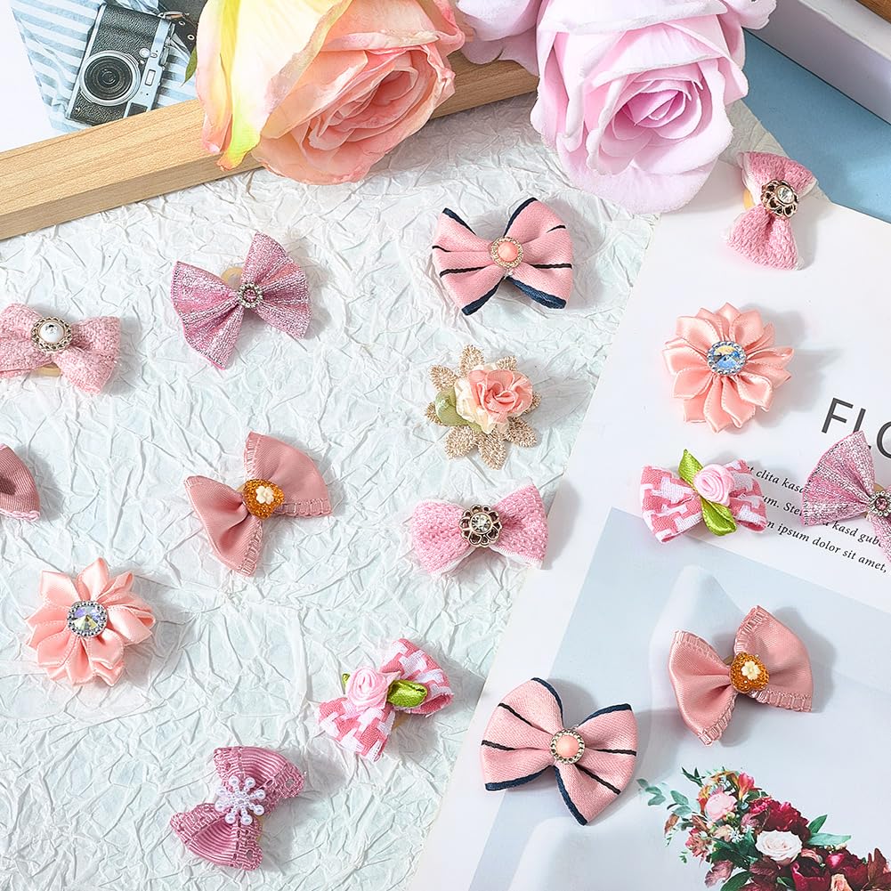 CREATCABIN 20Pcs 10 Styles Pink Dog Bow Clips Small Pet Hair Bows Cloth Rhinestone Pearls Gooming Flower Ball Puppy Handmade Bowknot Ties with Rubber Hoop for Furry Cats Dogs Pets Hair Accessories - Image 3