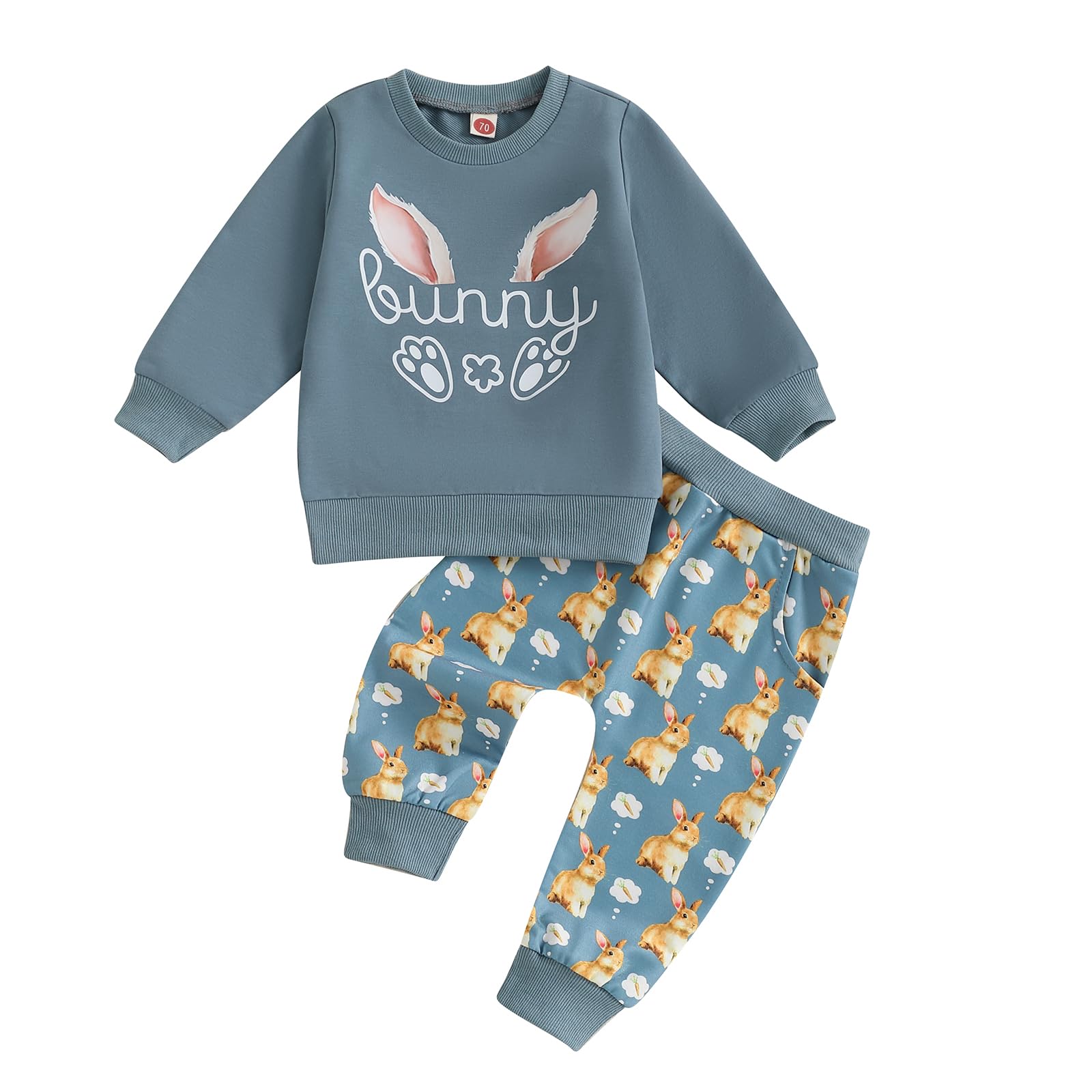Toddler Baby Girl Boy Easter Outfit Bunny Embroidery Crewneck Sweatshirt and Pants Easter Spring Clothes Set