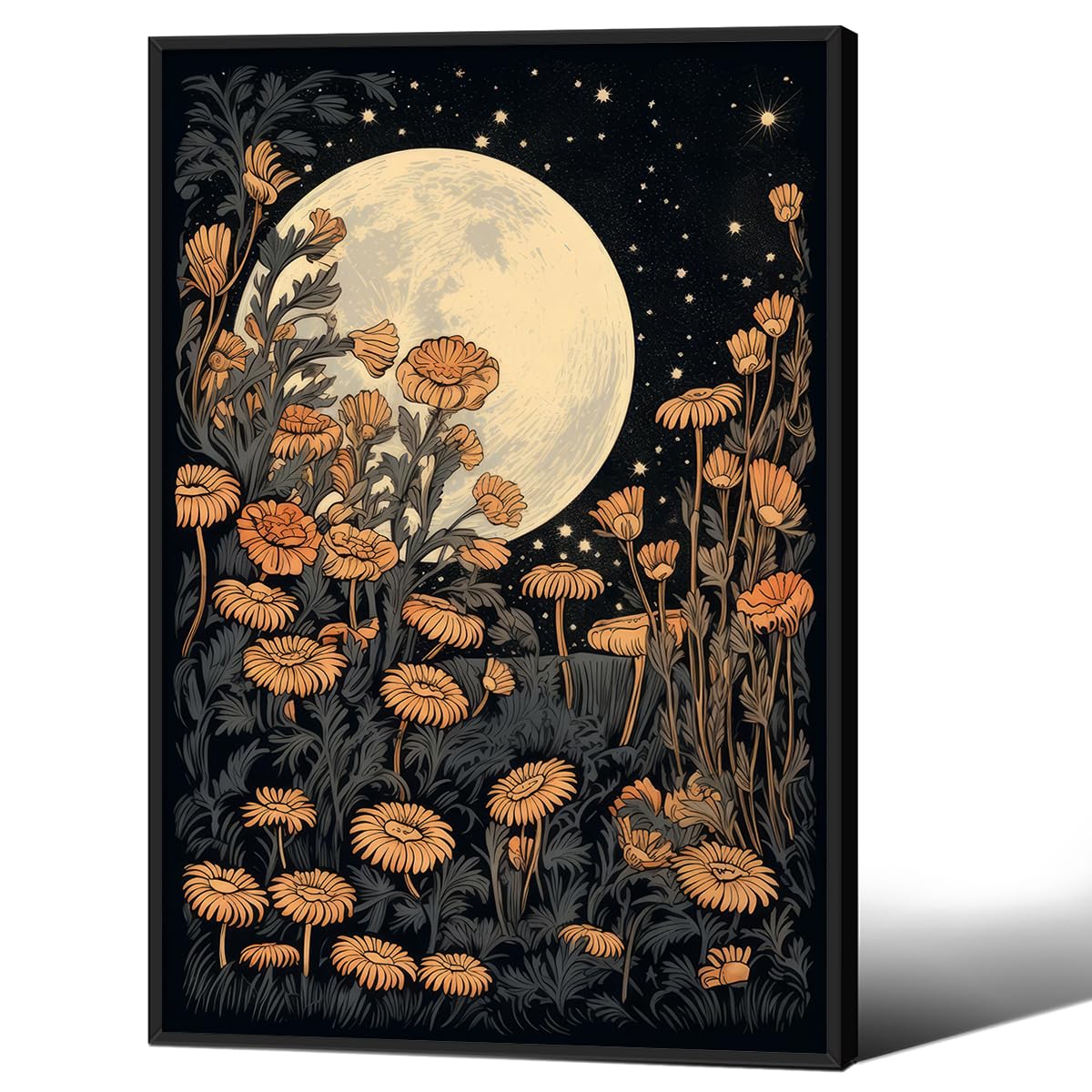 Dark Moonlight Flower Wall Art Mystical Celestial Wildflower Field Poster 16X24 inch Black Framed Moon Botanical Canvas Painting Prints Cottagecore