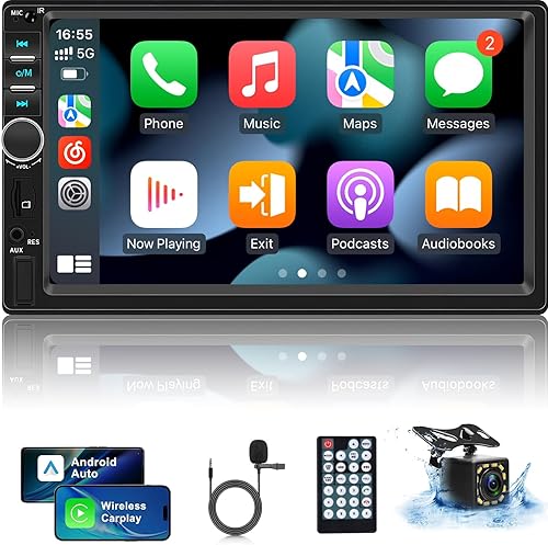 Estéreo de coche doble DIN con Carplay y Android Auto - Pantalla táctil HD de 7 pulgadas, radio DIN doble con cámara de respaldo, Bluetooth, enlace