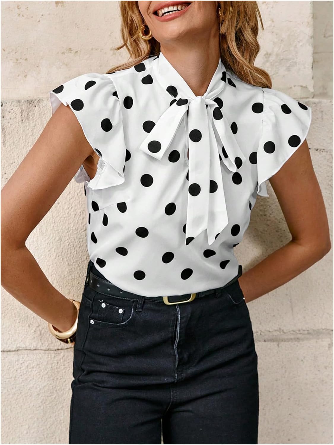 Floerns Women's Polka Dots Tie Neck Blouse Ruffle Cap Sleeve Business Casual Shirts - Image 2