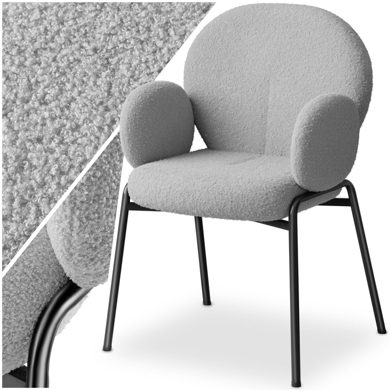 tectake® 1 Poltrona Salotto Stile Scandinavo con Braccioli, Poltrona Relax con Morbida Imbottitura, Tessuto Bouclé, Gambe in Acciaio, Comoda Poltroncina Imbottita da Lettura - Grigio Chiaro