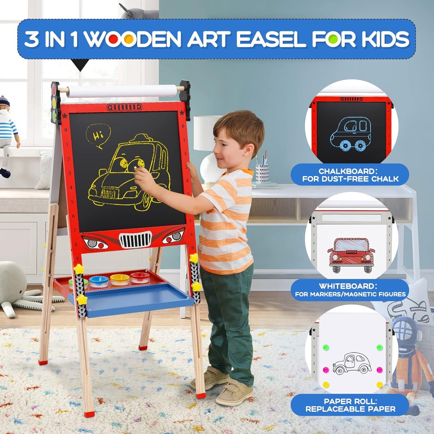 Caballete de madera plegable para niños 3 en 1 con rollo de papel, altura ajustable para niños, fácil con rollo de papel, pizarra blanca y tabla de calcio