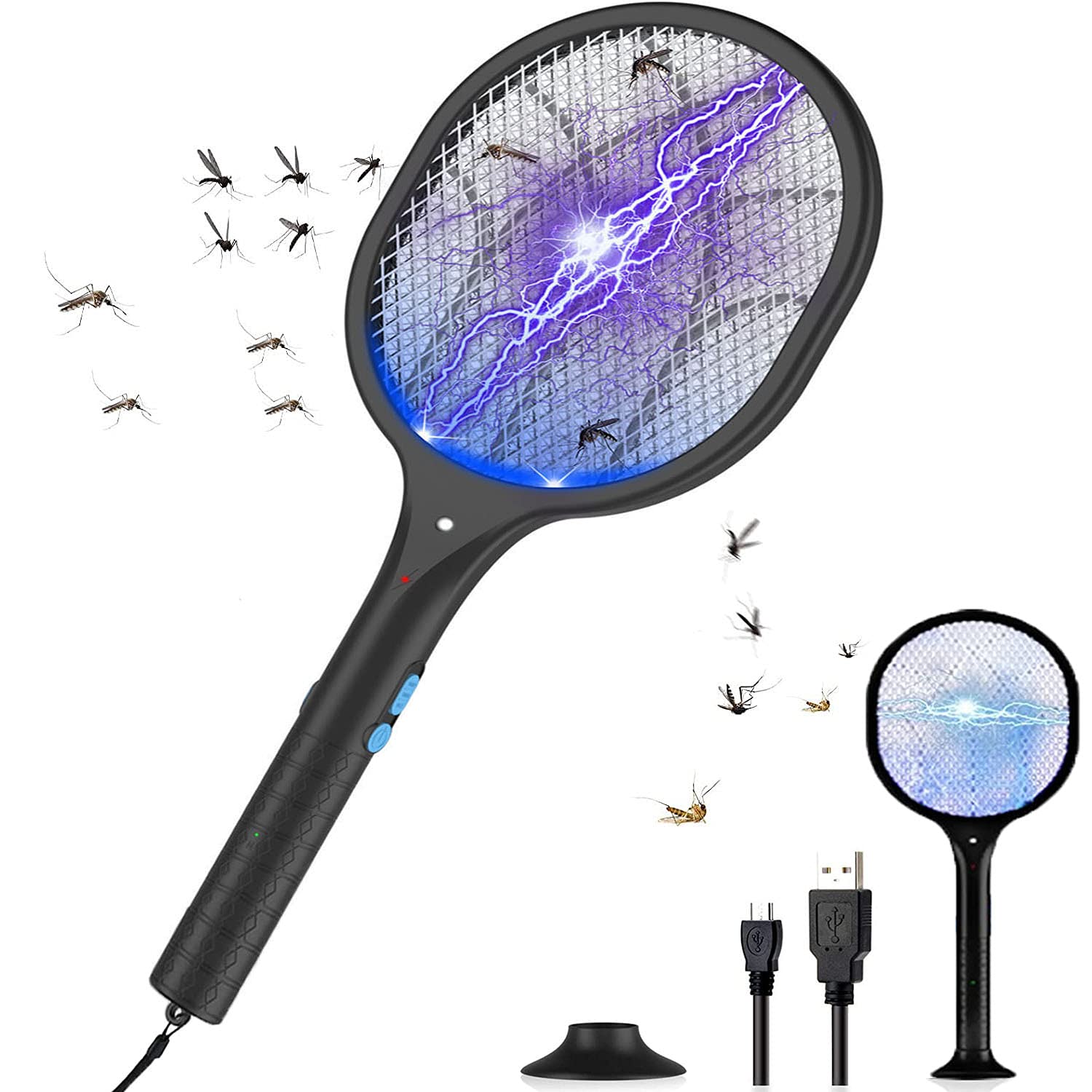 QUARED Bug Zapper Electric Fly Swatter, USB Rechargeable Fly Killer Mosquito Racquet 3800V, LED Light & UV Mosquito Trap Lamp, 5-Layer Safety Mesh, Detachable Handle, for Home/Backyard/Camping/BBQ
