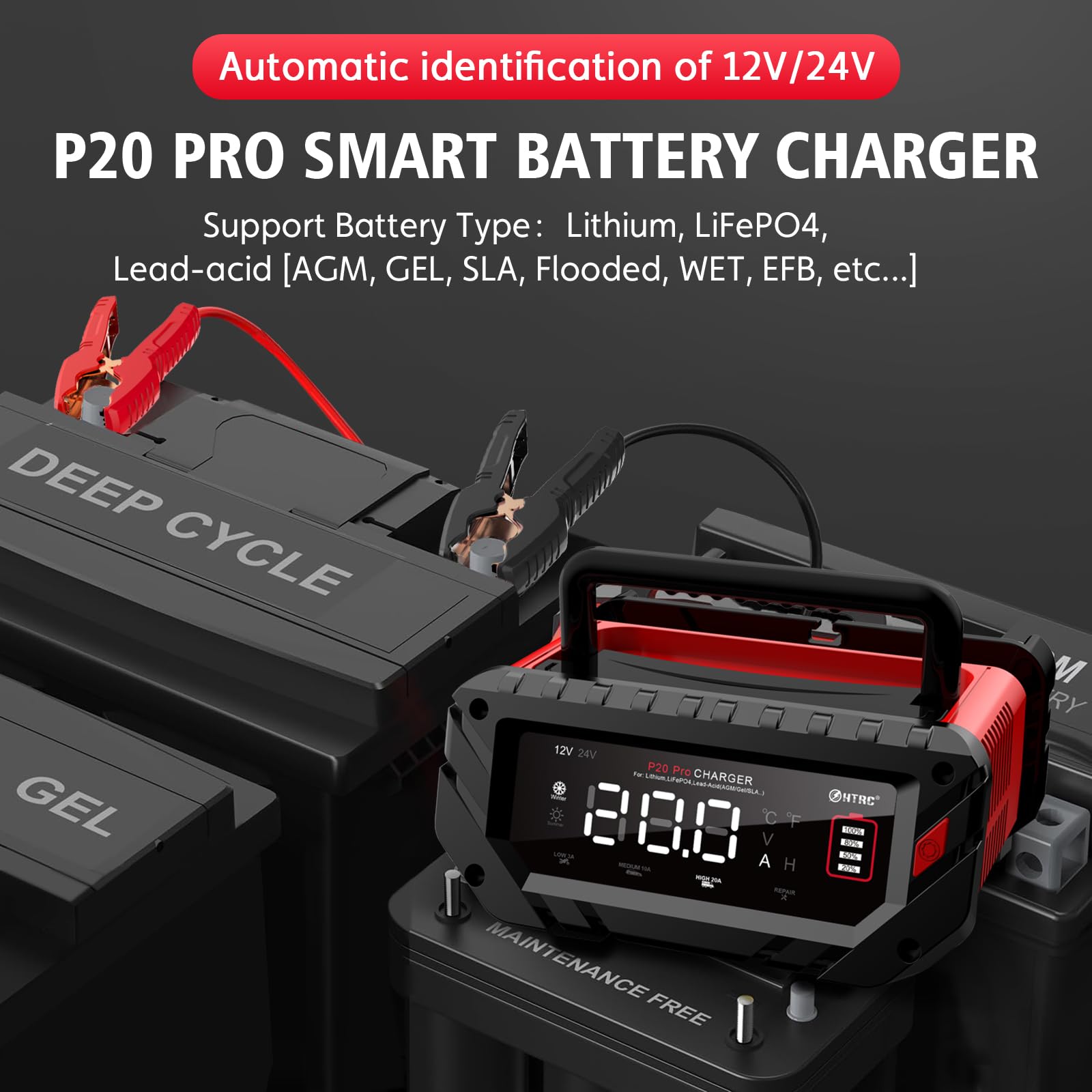 Das HTRC P20 PRO Batterieladegerät im Detail, bereit für den Einsatz.