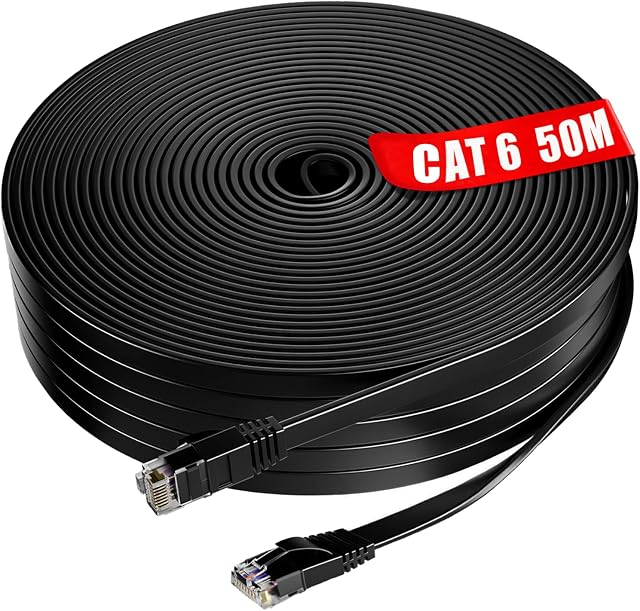 Ethernet Cable 50m, Cat 6 Extra Long Lan Cable Flat 50 Meters High Speed Internet Cable Slim Network Cable Black 1Gbps 250MHz RJ45 Cable 165ft for Router, Modem, Switch, TV Box, PC
