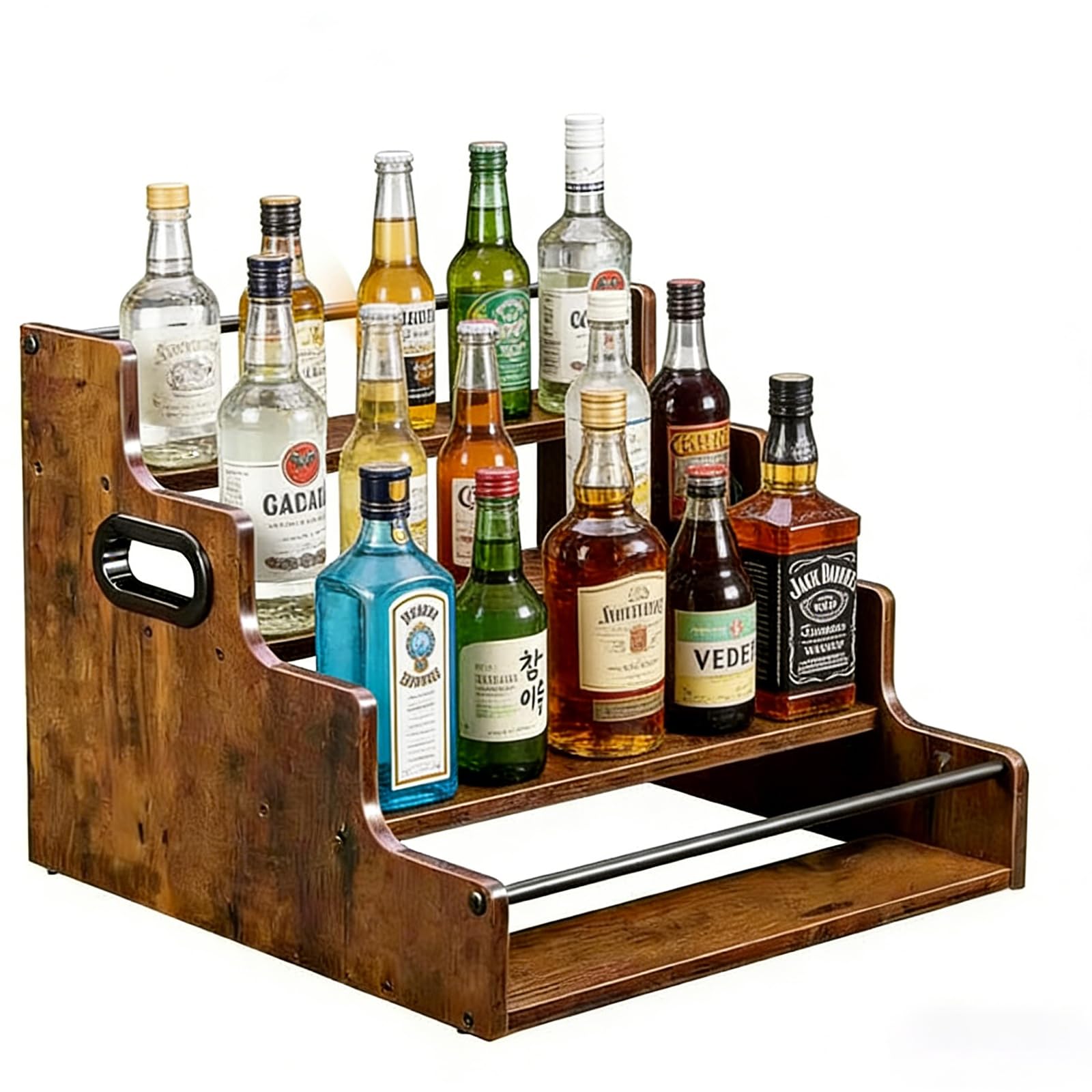 UTBAMST Liquor Bottle Display Shelf, 4 Step Countertop Liquor Wine Rack, Mini Bar, Liquor Cabinet, Coffee Syrup Rack Organizer, Home Retro Bar Shelf Stand for Liquor