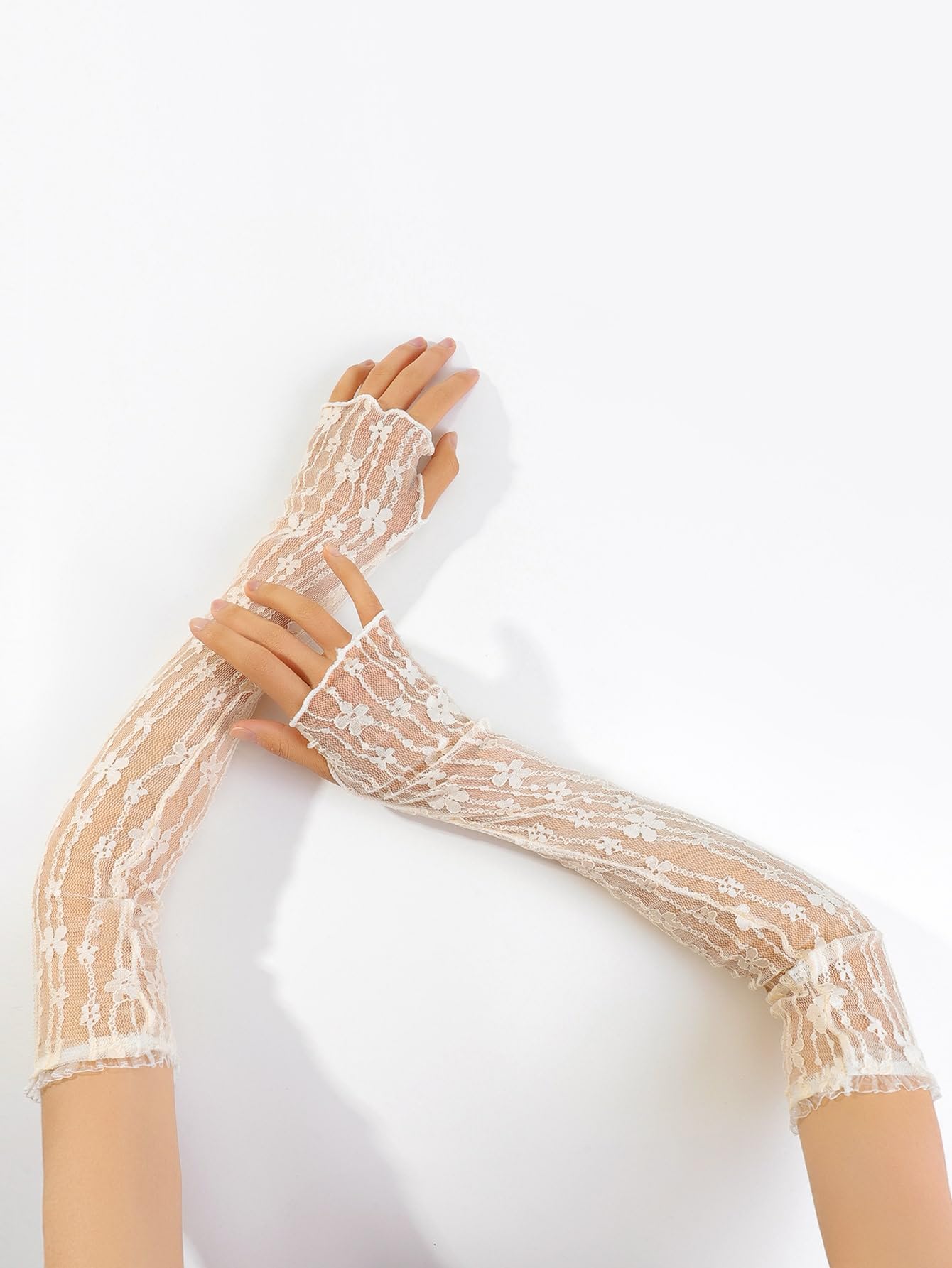 SHENHE Women's Sheer Lace Tulle Gloves Fingerless Elbow Length Arm Sleeves Mittens Flower Beige one-size
