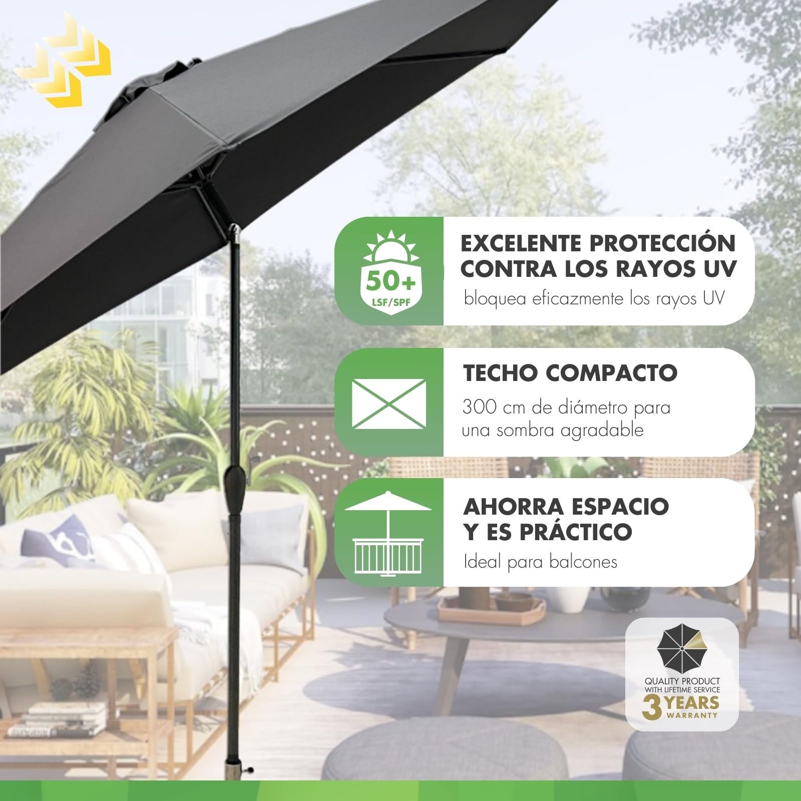 Doppler City sombrilla balcón 300 cm, Antracita, manivela, bolsa, UV 80