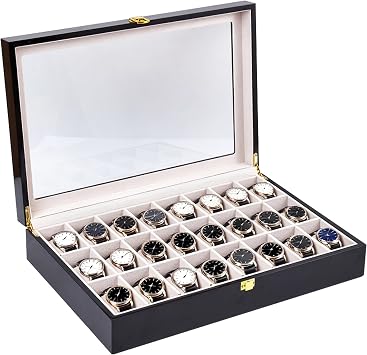 24-Slot Black Wooden Watch Box, Watch Organizer with Clear Lid, Ideal for Watches