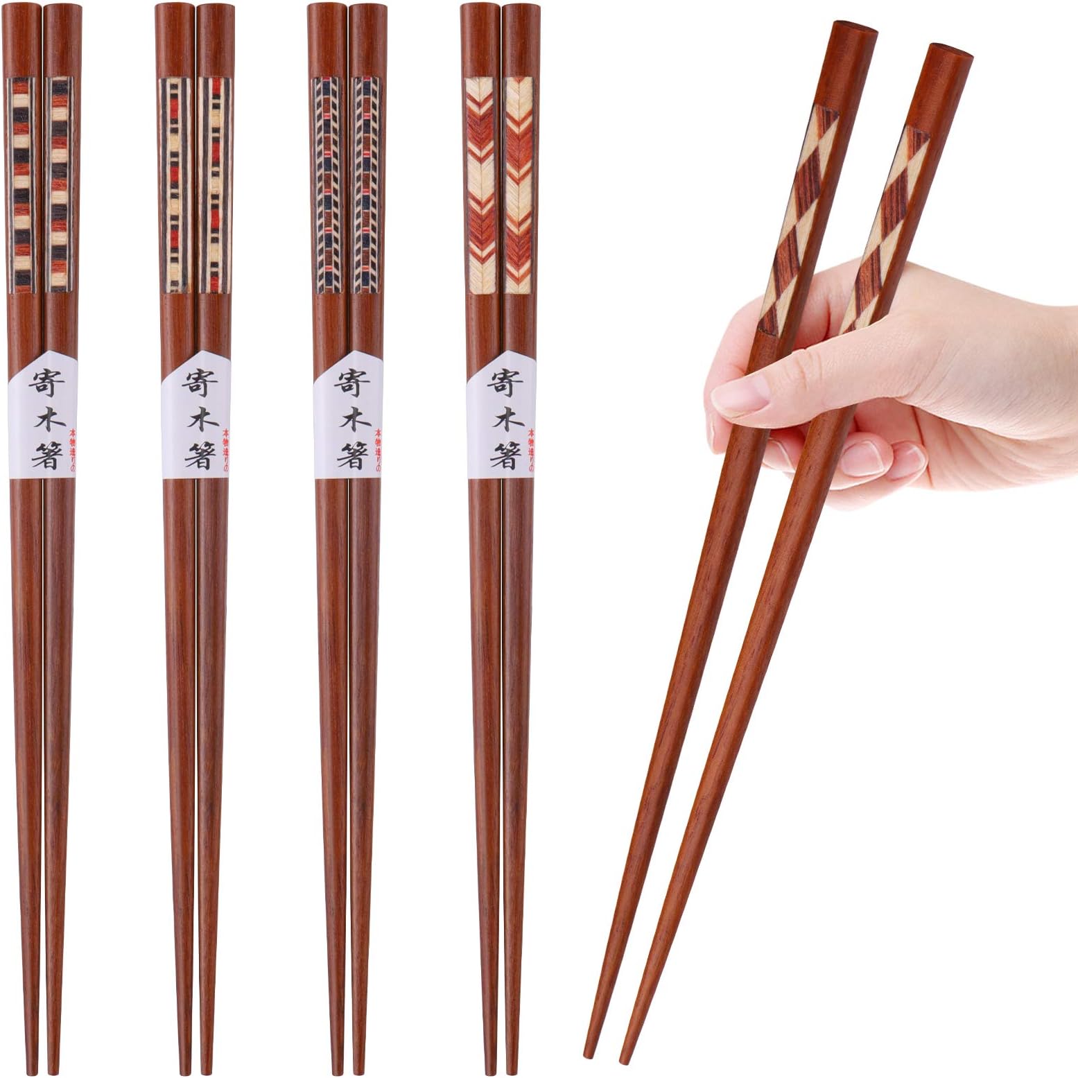 GLAMFIELDS Reusable Chopsticks Japanese Natural Wooden 5 Pairs Classic Style Lightweight Safe Chop Sticks 8.8 Inch/22.5cm Gift Set