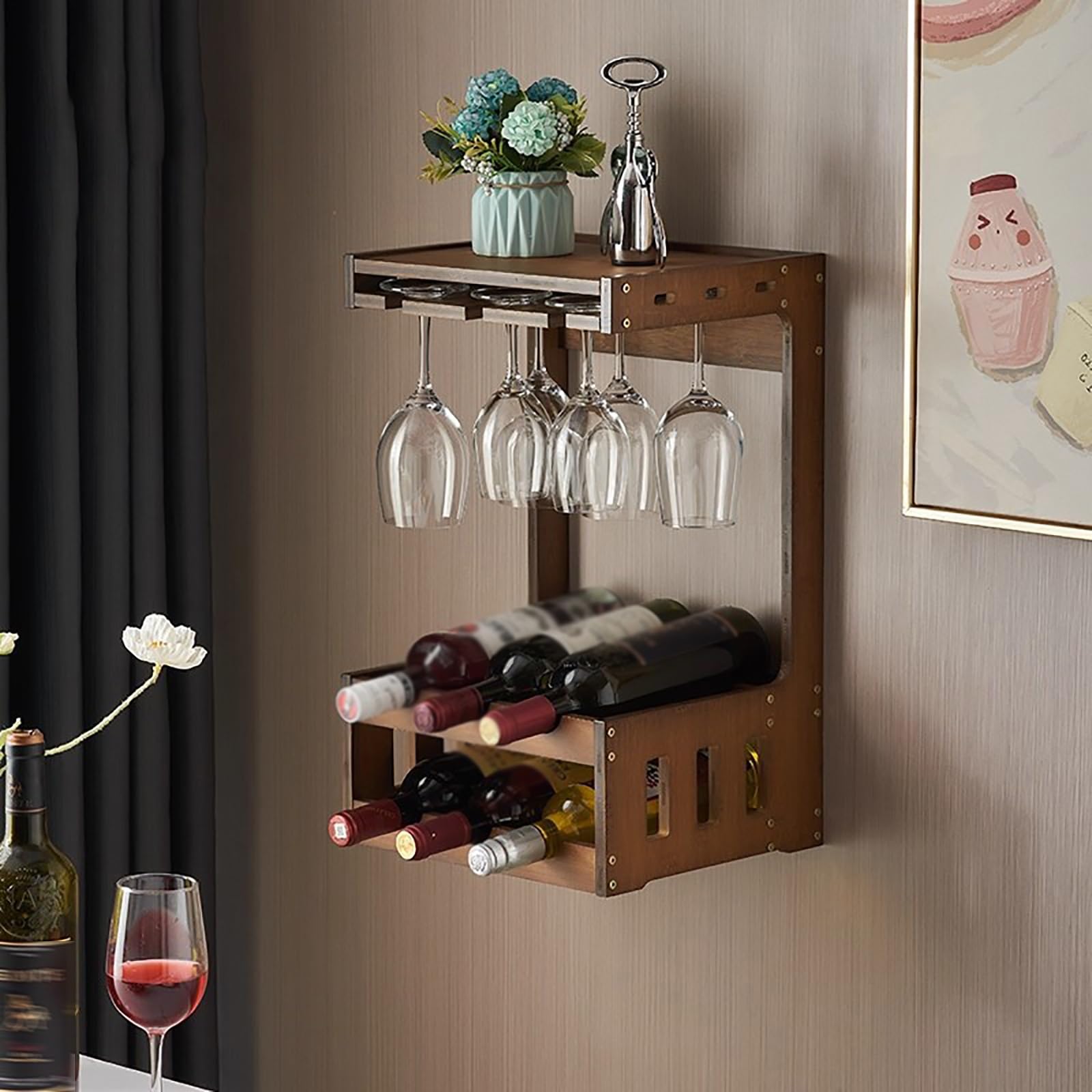 Porte-bouteilles mural en bois robuste de style pastoral, facile à installer, décoration d'intérieur pour cuisine, bar, salle à manger – Solution de stockage de vin rustique