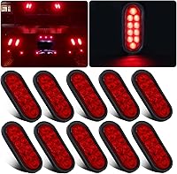 10-Pack 6" Oval Red LED Trailer Tail Lights - 10 LEDs Brake Stop Turn Signals, Waterproof Flush Mount w/ Grommets & 3-Prong Wires for Trucks Trailers RVs 12V