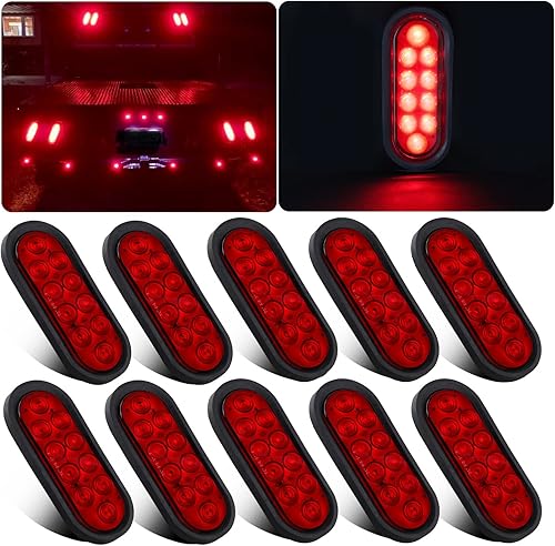 Miniatura 1 de Luces traseras LED ovaladas de 6 pulgadas para remolque, 10 LED, 10 unidades, freno de camión de remolque, color rojo, 6 pulgadas, ovaladas, luces