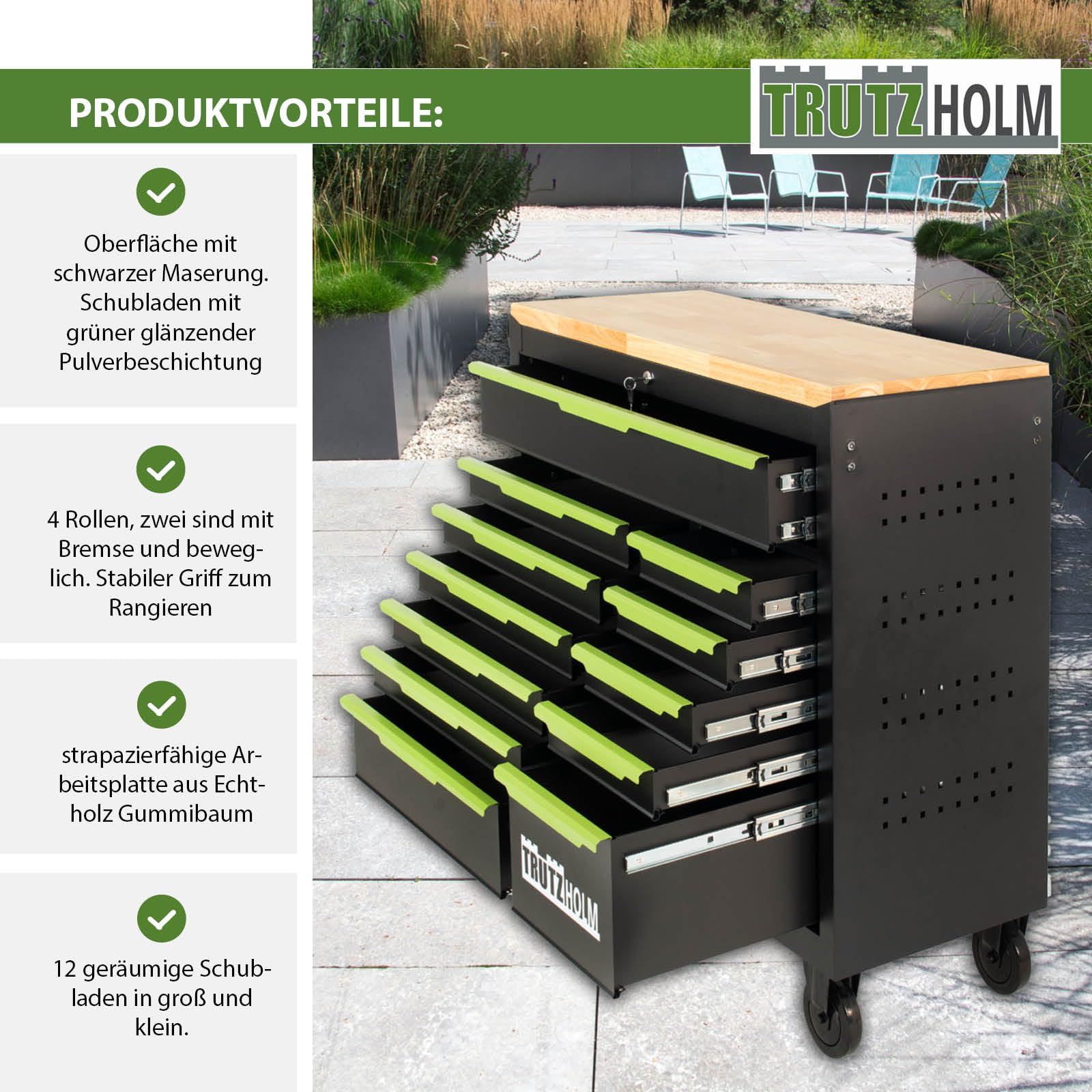TRUTZHOLM Werkstattwagen Star XL 12 Schubladen unbestück Hartholz-Arbeitsplatte schwarz/grün 103 x 112 cm mit Feststellbremsen, abschließbar