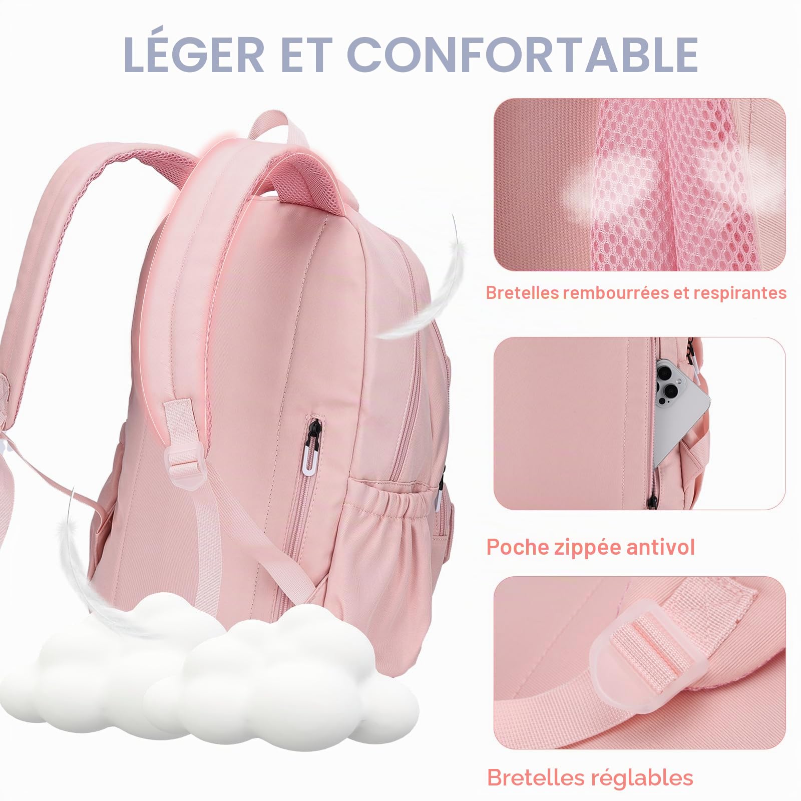 VASCHY Cartable Fille Primaire, Sac à Dos 18 L Léger Multi-poches Rose