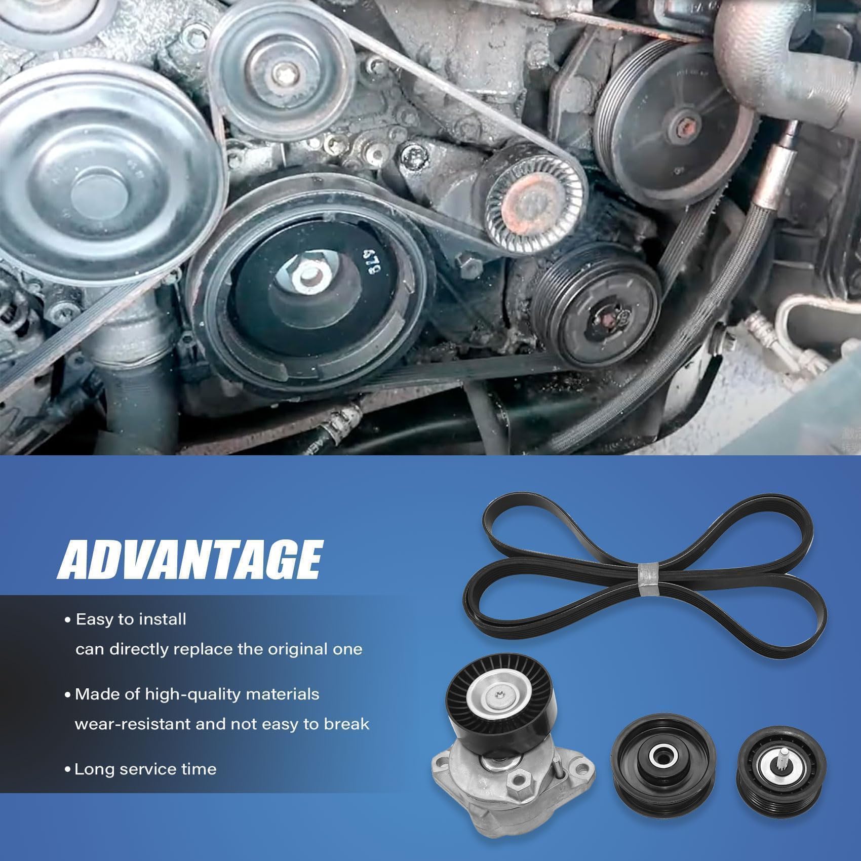 LAIPZ Serpentine Drive Belt Kit with Tensioner & Idler Pulley for