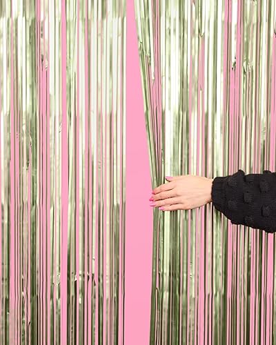 Miniatura 5 de xo, Fetti Cortinas de papel de aluminio verde salvia para decoración de fiesta, juego de 2  Suministros para despedida de soltera, bonita cabina de