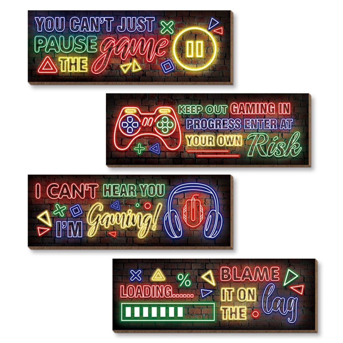 Kepuarm Boys Neon A 4 Pieces Neon Gaming Wood Sign Wall Decor, Video Game Wall Art Gamer Hanging Plaques For Playroom, Teenagers, Kids Bedroom Decorations (Neon A)