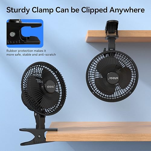 Miniatura 3 de shinic Ventilador de clip de 6 pulgadas con abrazadera fuerte, potente flujo de aire, inclinación ajustable, ventilador de escritorio de