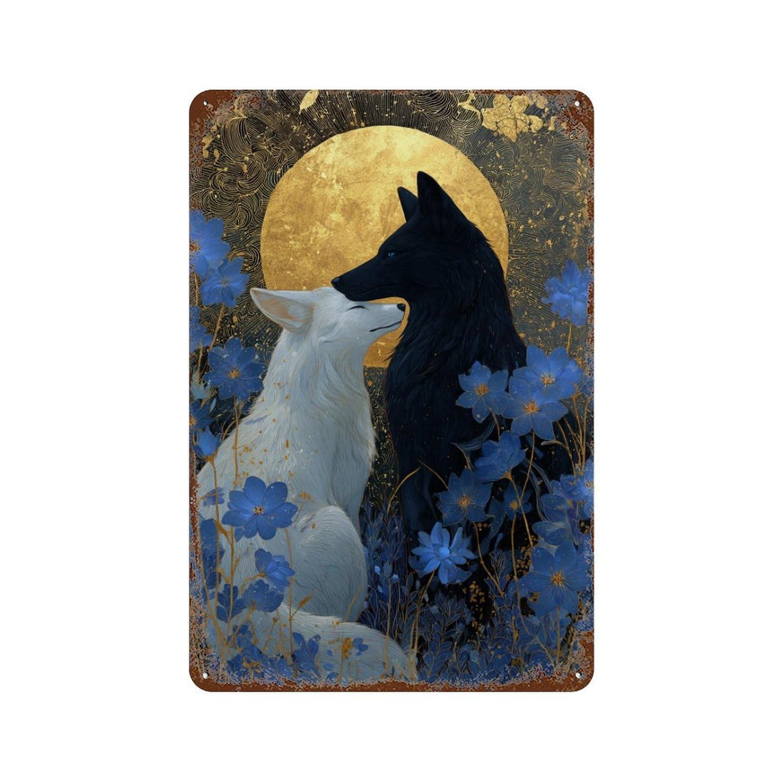 Rusty Metal Tin Sign Full Moon Foxes Romance -1 11.8"x7.9", Vintage Wall Decor for Shed, Workshop And Garage Wall Decor
