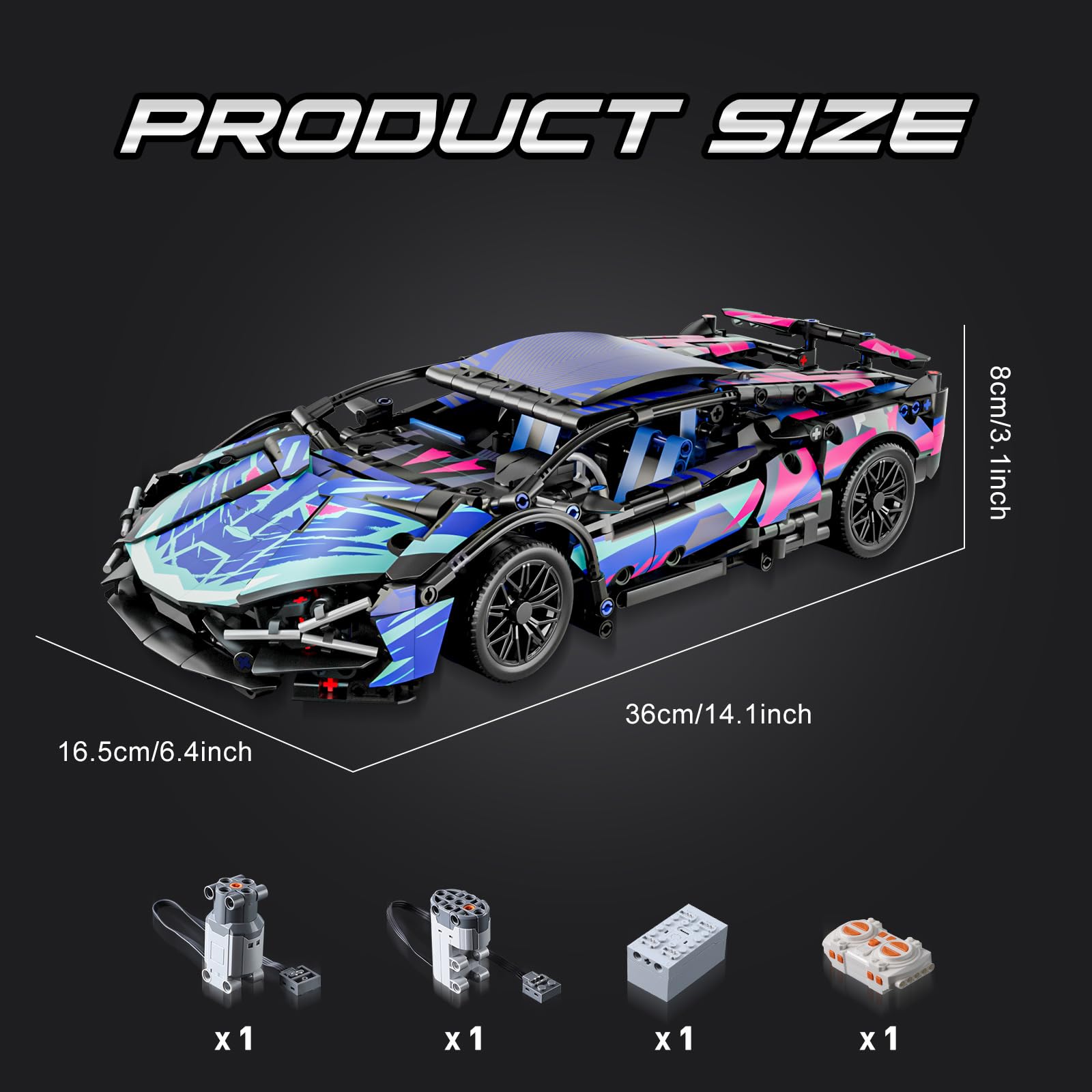 Technik Auto Klemmbausteine mit RC & LED 1:14 Sportwagen Modellbausatz | RC & App-Steuerung, detailreiches Modell, kompatible Bausteine Geschenk für Technik-Fans