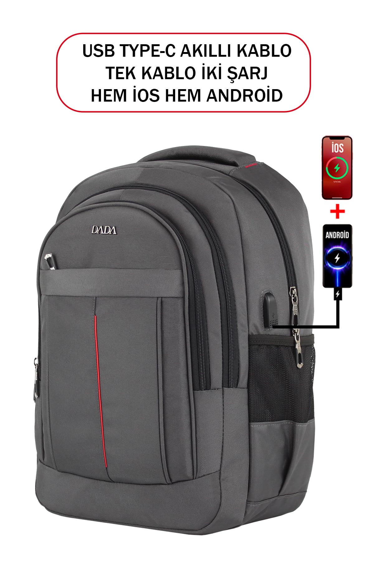 Dada 01 Laptop Dizüstü Bilgisayar Çantası 14"-15,6" inç Ortaokul Lise Üniversite Okul Çantası Unisex Gündelik Kadın Erkek Sırt Çantası Usb Type-C Aparat Darbe Emici Koruma Su Geçirmez Kumaş (Antrasit)