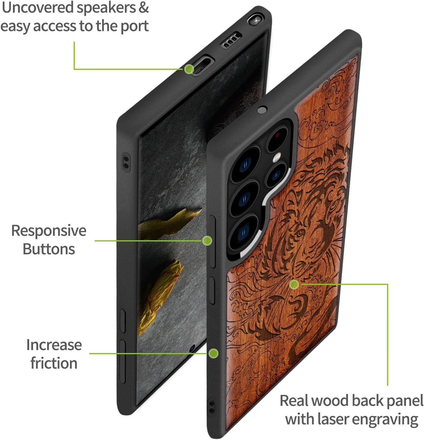 Carveit Wood Case for Galaxy S23 Ultra Case [Natural Wood & Black Soft TPU] Shockproof Protective Cover Unique Wooden Design Compatible with Samsung S23 Ultra (Tiger Waves-Rosy)