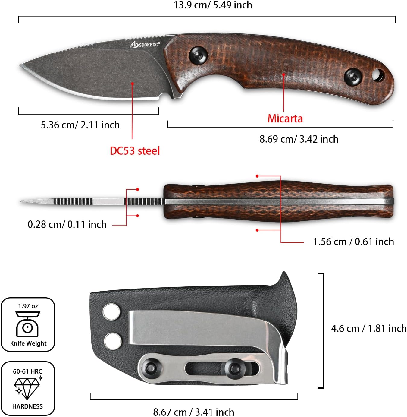 Knives DC53 Steel Tactical Hunting Small Fixed Blade Knife Micarta Handle with kydex sheath for Men EDC Outdoor Camping Survival (Black+Brown)