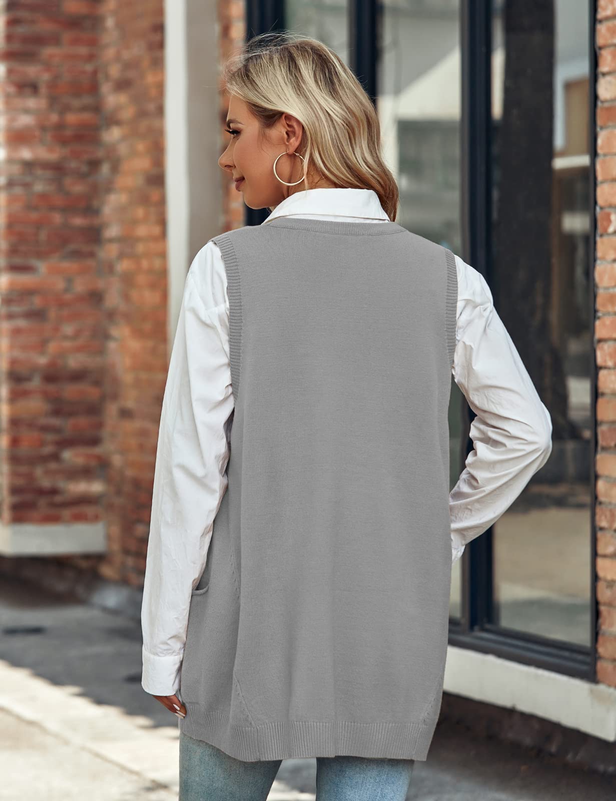 Niwicee Maglione Gilet Donna Scollo a V Pullover Maglione Senza Maniche,Autunnale Invernale Maglioni Oversize Tinta Unita mit Taschino,Cotone Top Smanicato Gilet in Maglia Elegante