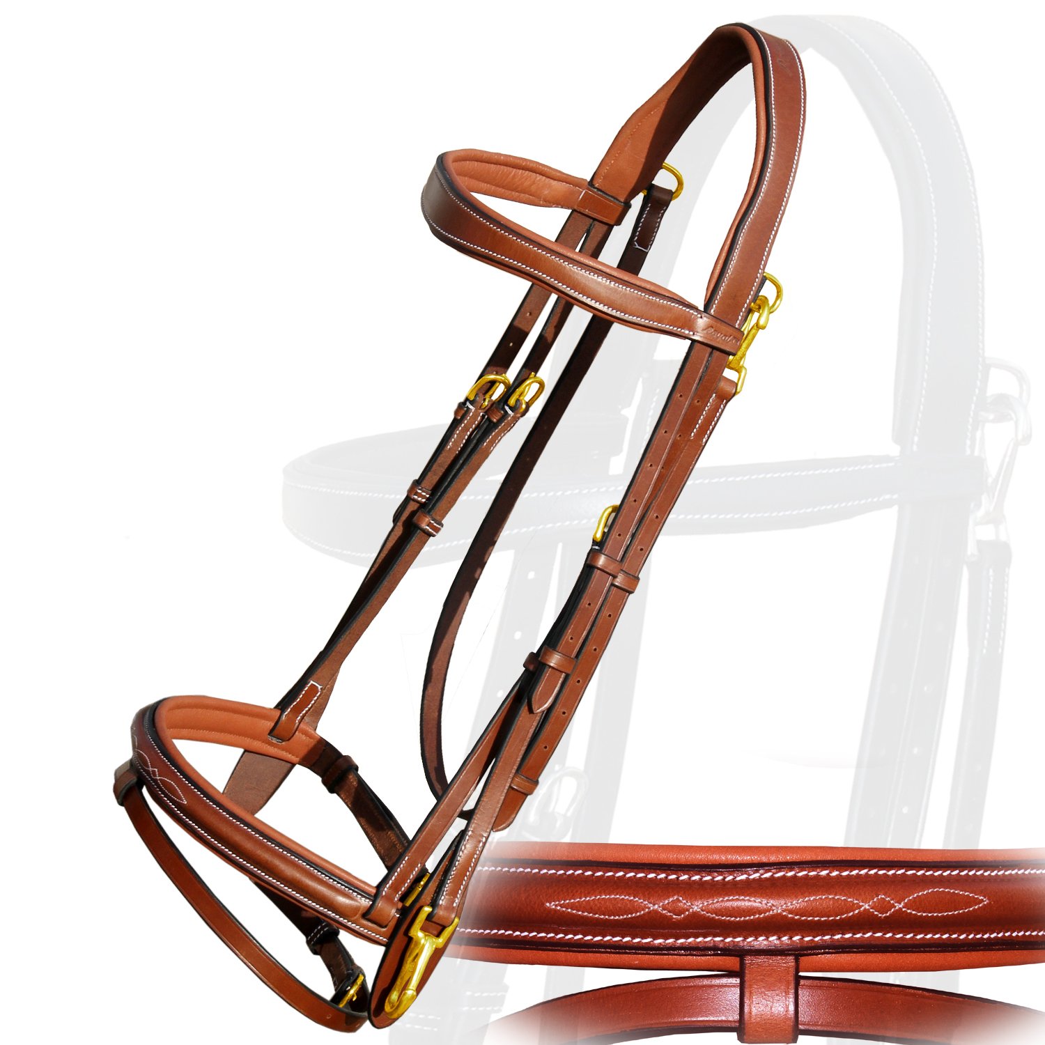 Exion Snap-On Jumping Bridle dla konia, zatrzaskowy kawałek policzka i korona z miękką linowaną opaską na czoło, Flash nosem i gumową leją w mosiężnych klamrach