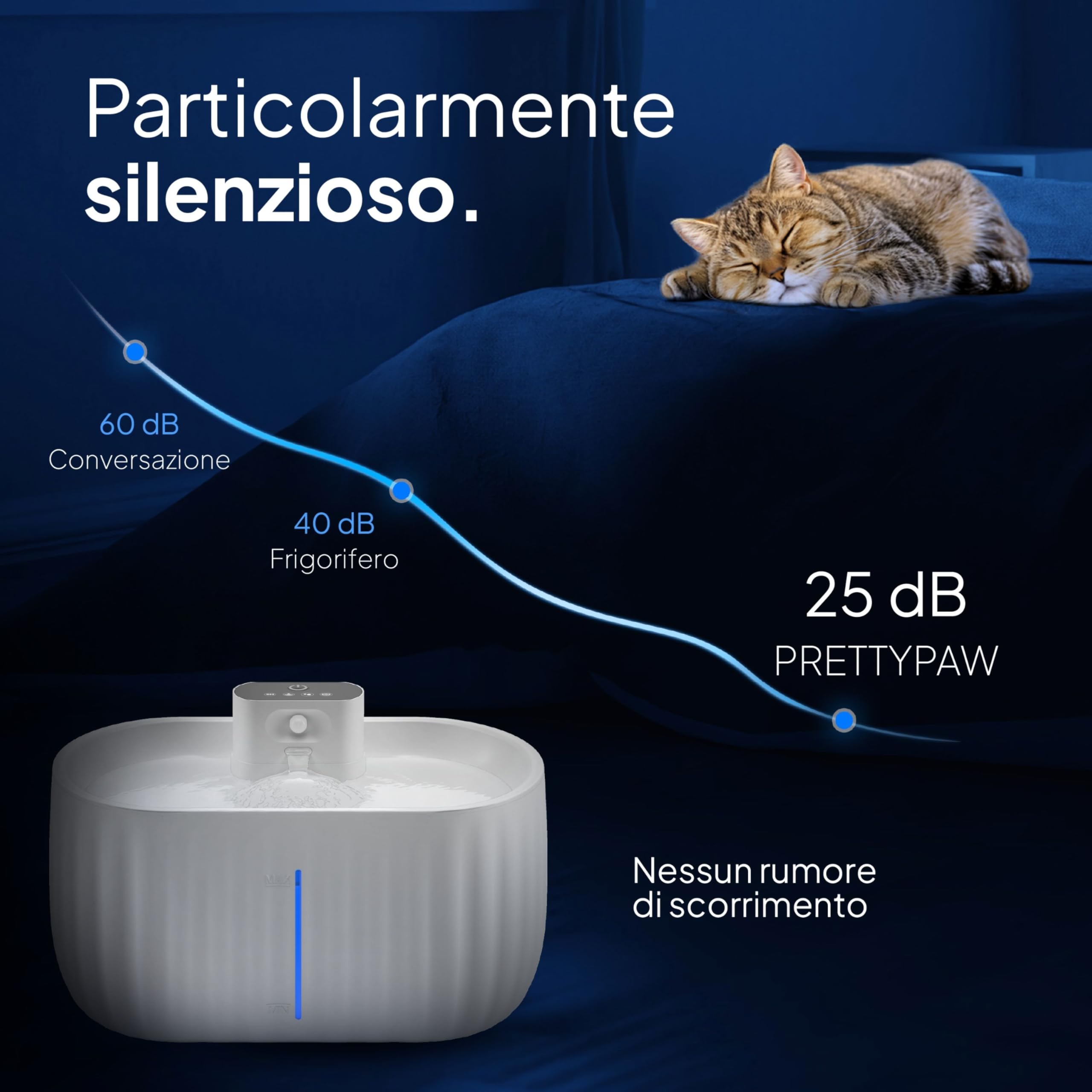 Pretty Paw Fontanella per Gatti Senza Fili 3L - con Sensore e Modalità Programmata, Acqua in Movimento per Stimolare a Bere, Struttura Leggera in ABS per Uso Domestico - Aqua Sense Pro (Bianco)