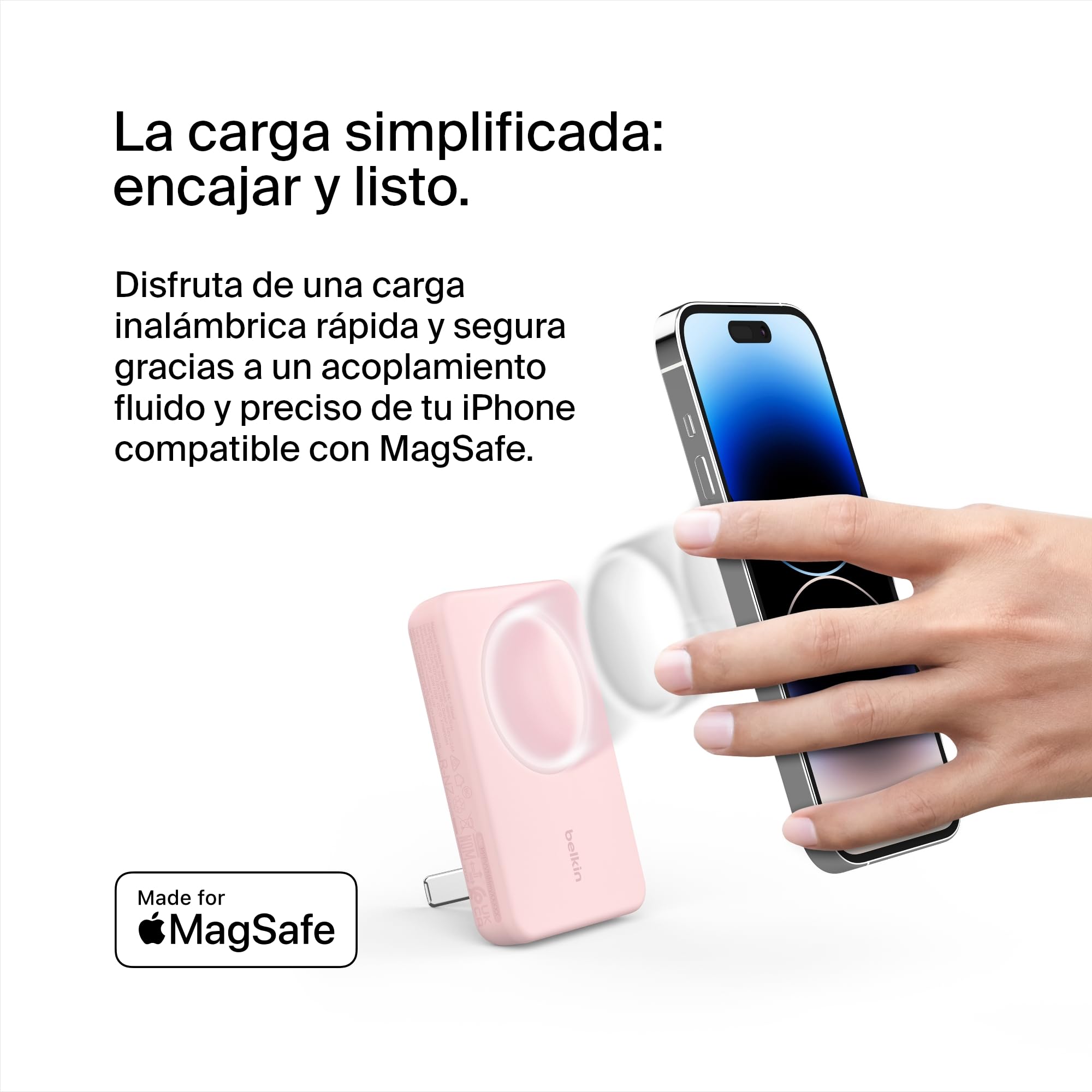 Belkin batería externa magnética de 5000 mAh, cargador portátil compatible con MagSafe, pass-through, power bank con salida de 7,5 W y entrada de 10 W, soporte extraíble, iPhone 17, 16, 15 y más, rosa