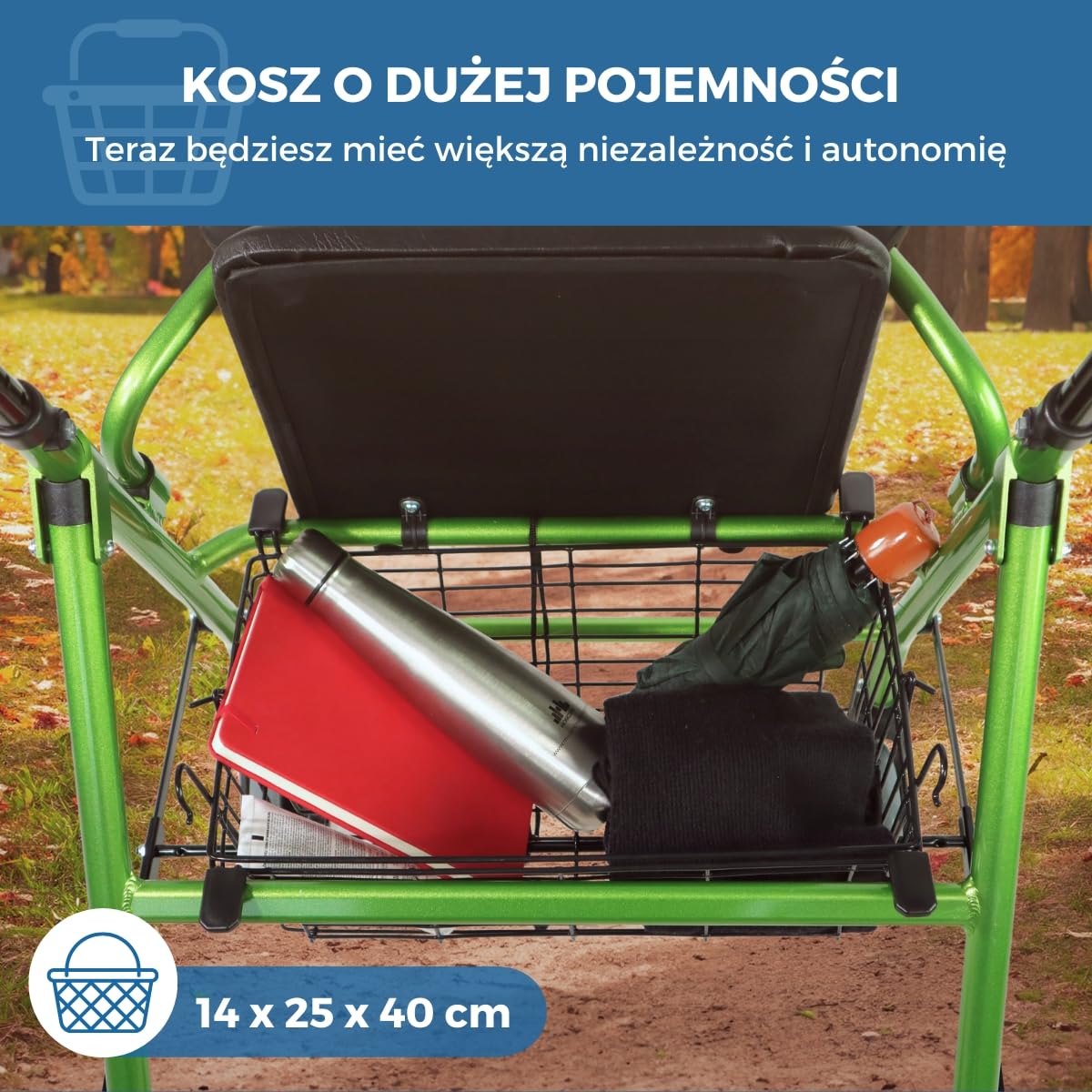 Składany chodzik | Siedzisko i oparcie | Aluminium | Koszyk | Dla osób starszych | Zielony | Prado | Mobiclinic