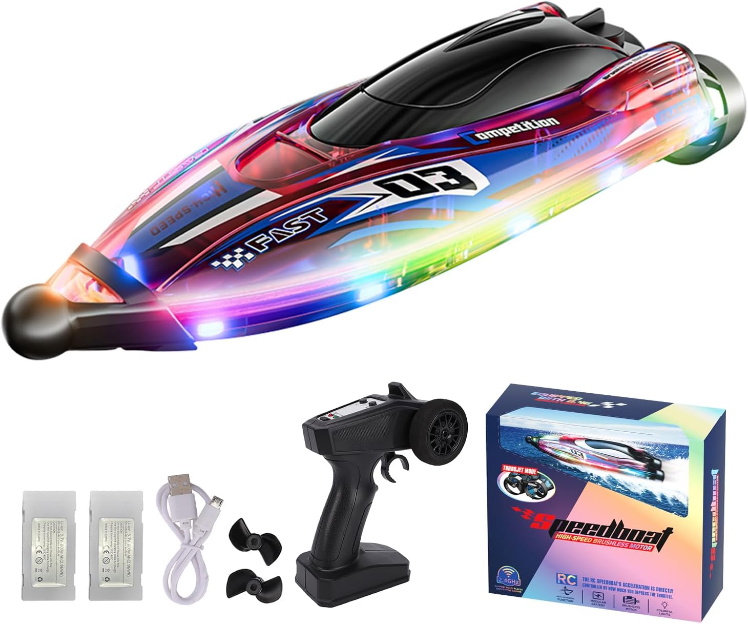 Brushless Remote Control Boat, High Speed RC Boat for Lake Pool Water Play, Dual Motor, 360 Rotation, Colorful Lights, Self Righting (Red)