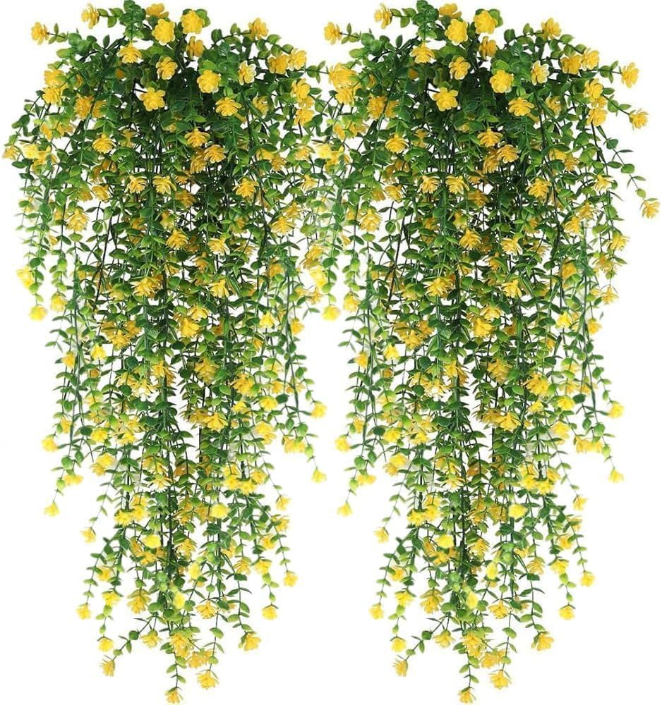 6Pcs Artificial Hanging Plants Fake Hanging Plant Faux Eucalyptus Leaf Greenery Vine Outdoor UV Resistant Plastic Plants Home Garden Wedding Party Indoor Outdoor Decorations (Yellow)