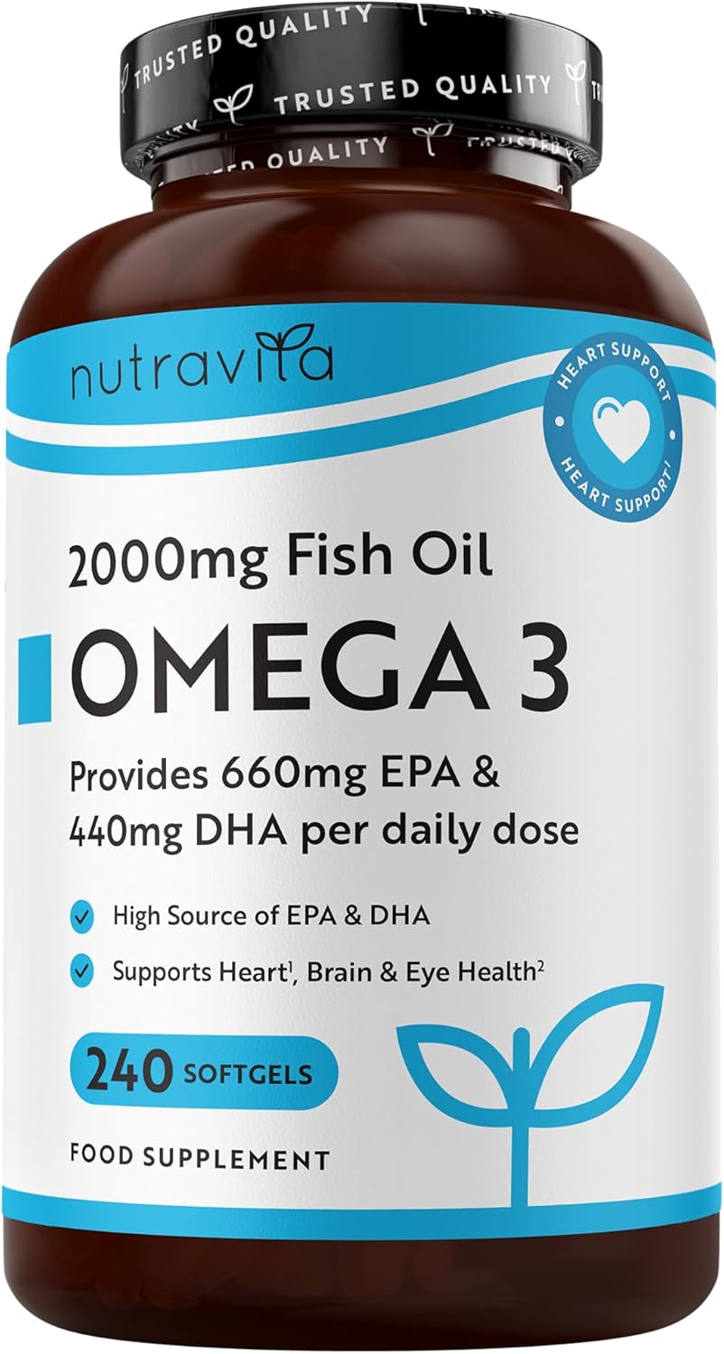 Nutravita Omega 3 Capsules High Strength 2000mg with 660mg EPA & 440mg DHA, 240 Softgel Omega 3 Fish Oil Capsules for 4 Months of Supply, Fish Oil Omega 3 Supplements